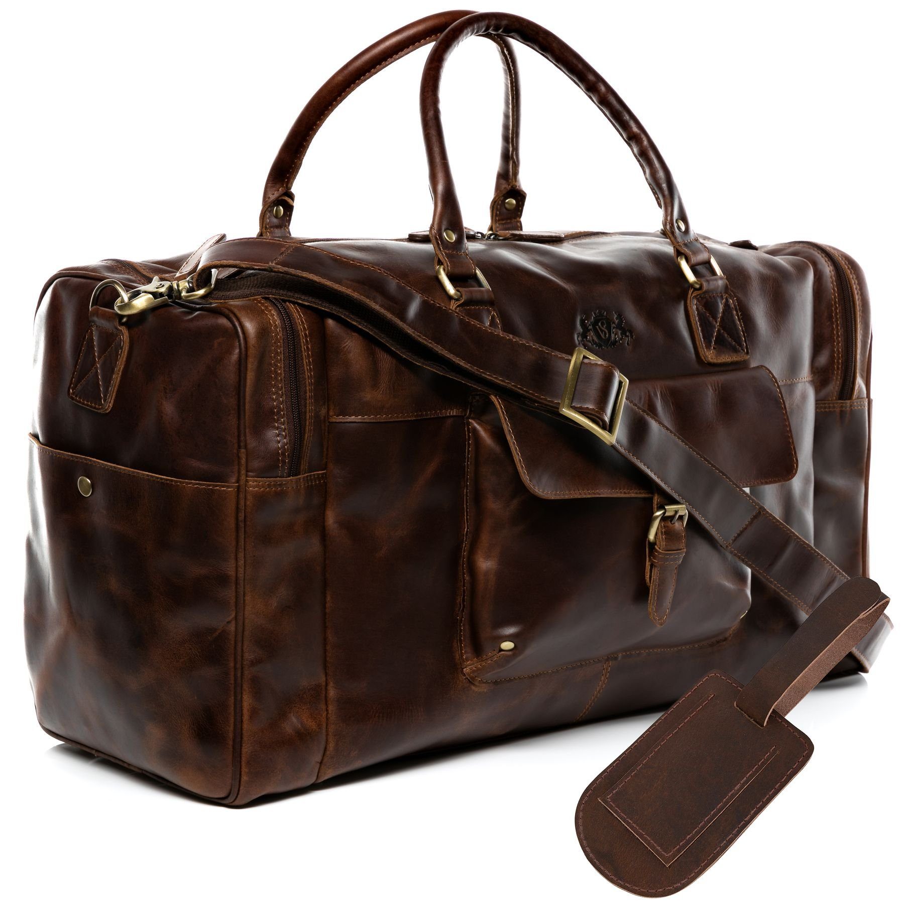 SID & VAIN Reisetasche Leder Weekender Unisex YALE, Echtleder Reisegepäck für Damen & Herren, Sporttasche XL braun-cognac