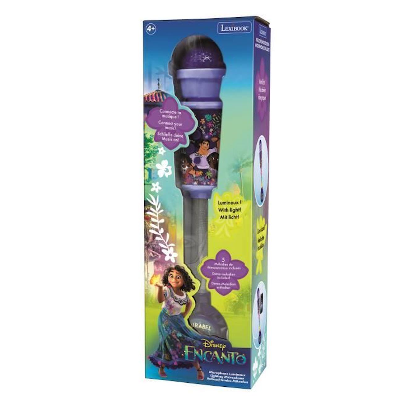 Microphone Encanto avec tube lumineux, enceinte, mélodies et effets sonores violet