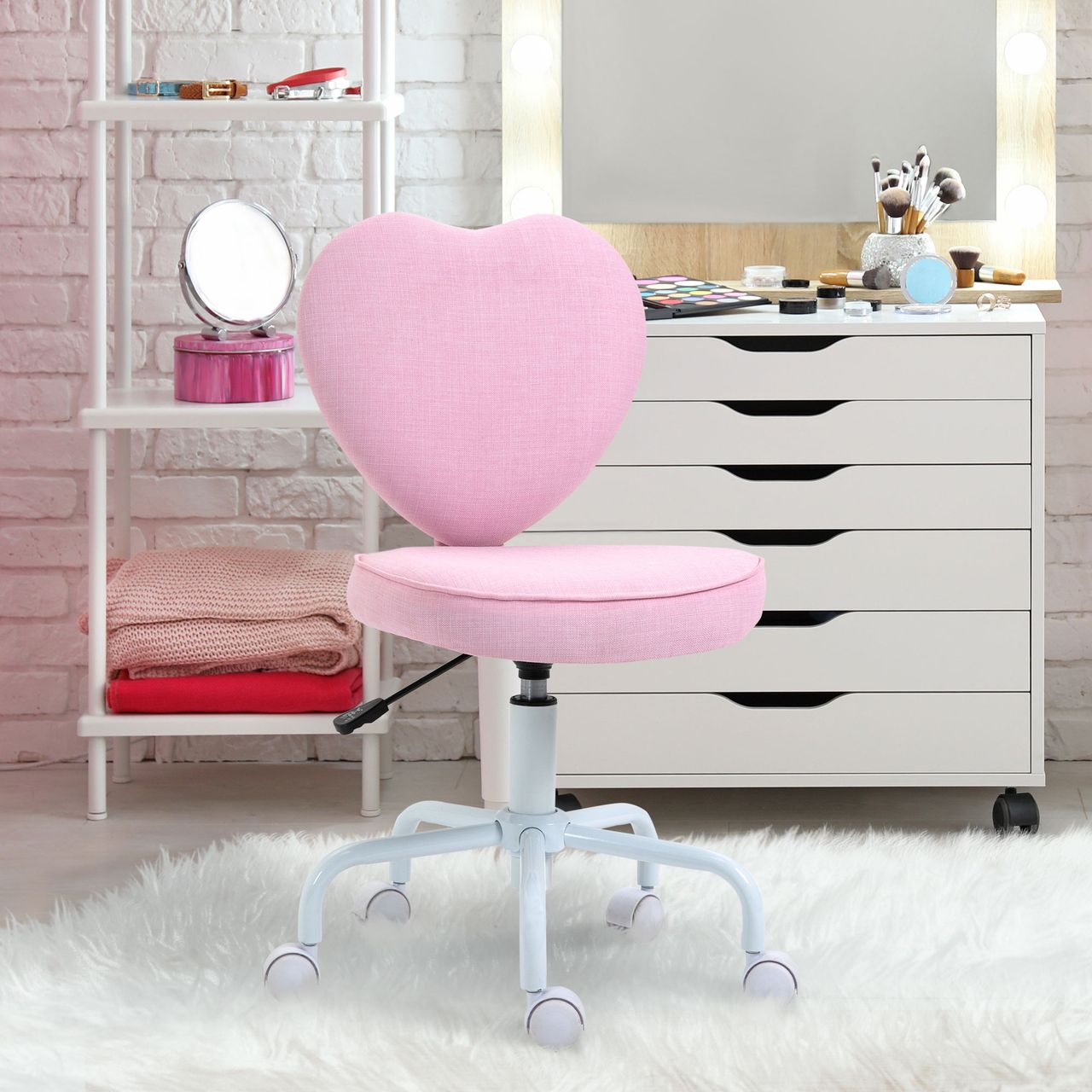HOMCOM Stuhl Chefsessel Drehstuhl Computerstuhl Polsterung Rosa Leinenstoff 40 x 50 x 79-89 cm