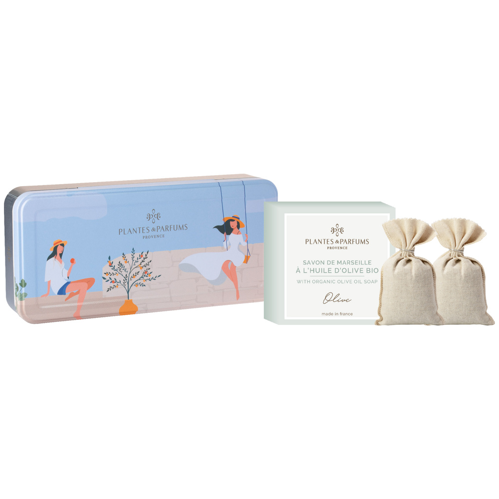 Plantes et Parfums 2 sachets Lin  - savon  à l'Huile d'Olive parfum Olive Boîte Métal Rectangulaire