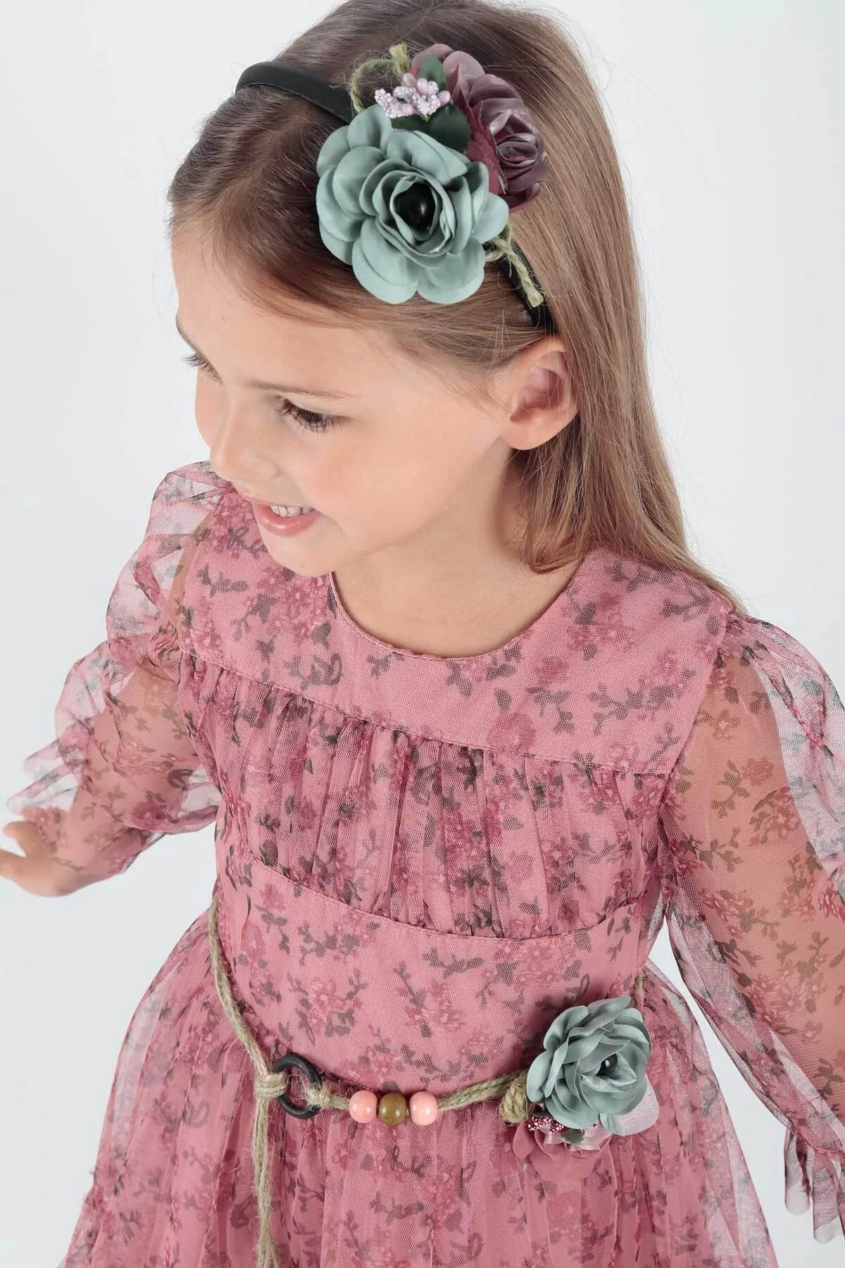 AHENGİM  Mädchenkleid mit Blumenmuster und gekröntem Gürtel Ak2202