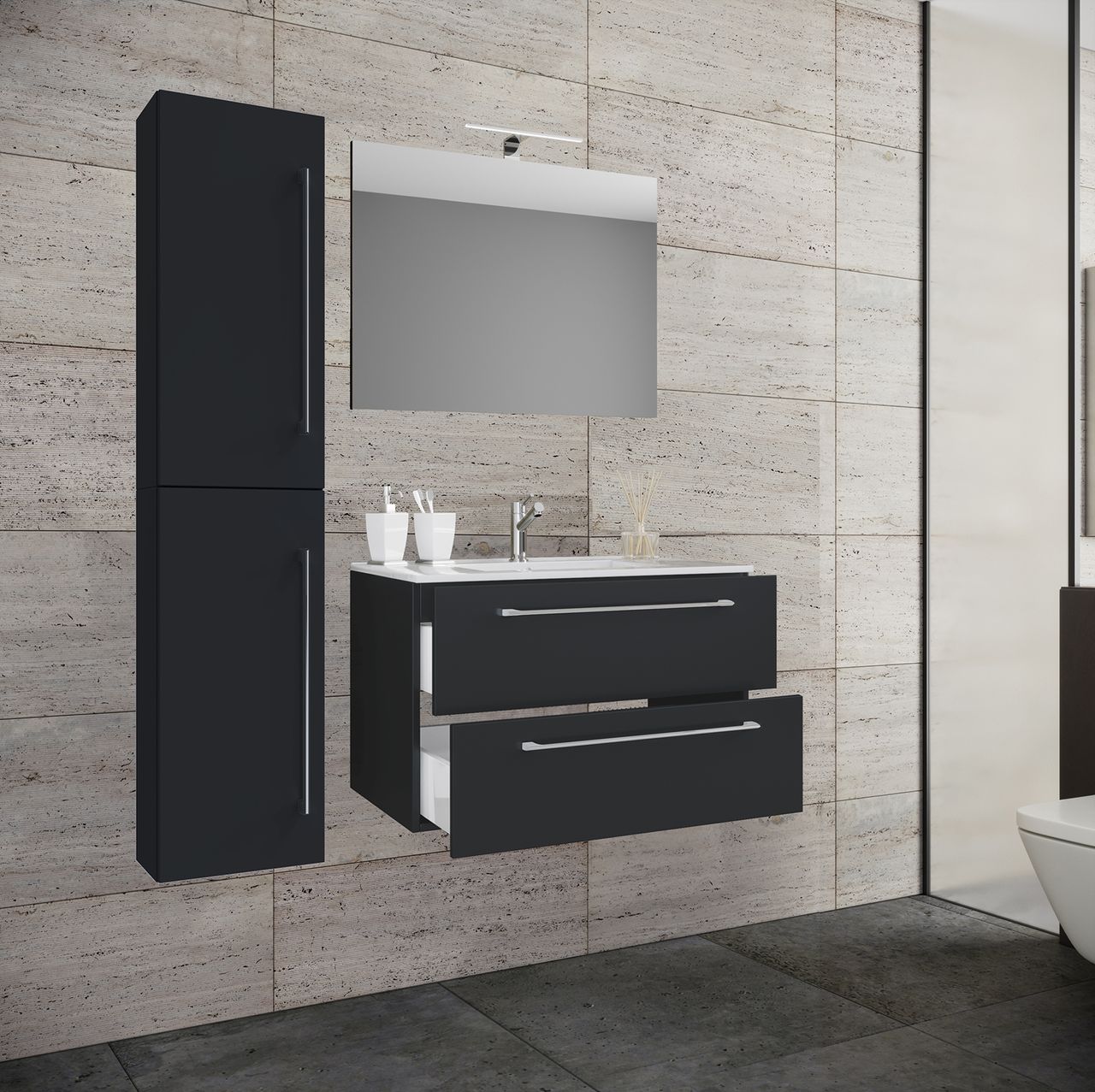 VCM 4-tlg. Waschplatz Badinos 80 cm Spiegel   Hochschrank schwarz