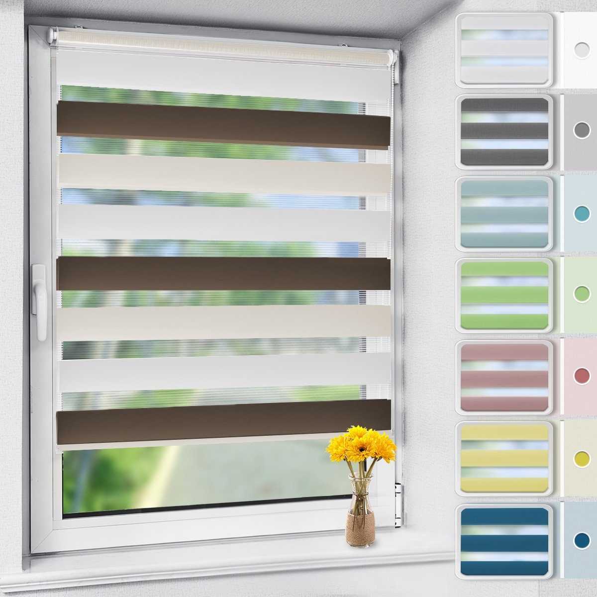 Doppelrollo rollos für Fenster ohne Bohren 130cm, OUBO, Lichtschutz, freihängend, mit Klemmträger, Klemmfix, livhtdurchlässig und verdunkelnd