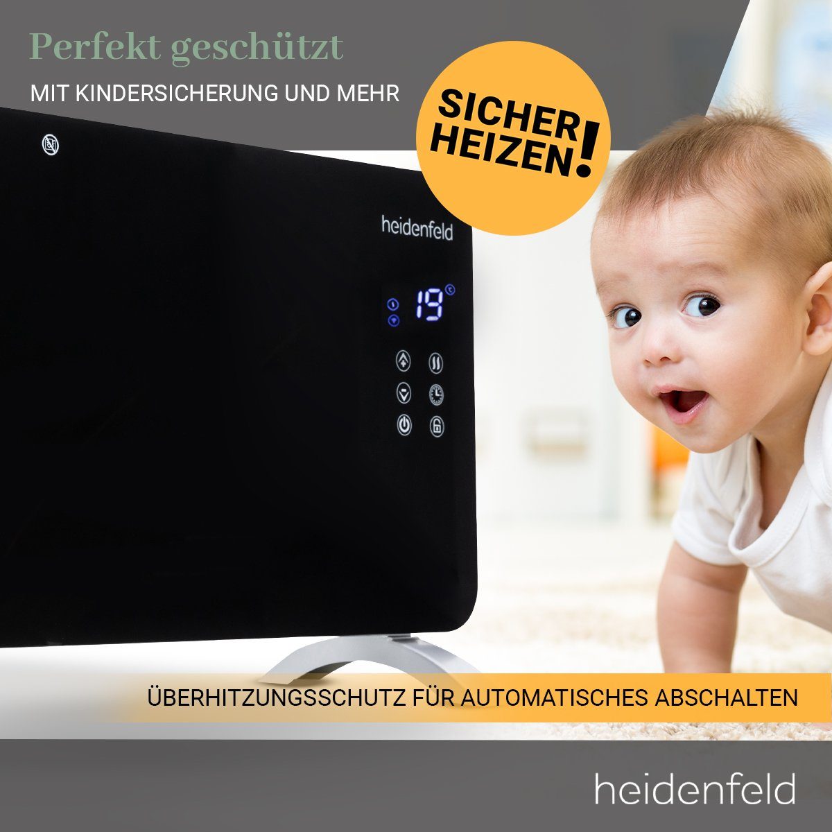 Heidenfeld Konvektor Glaskonvektor GK200 - 2000 W inkl. 3 Jahre Garantie Heizgerät, 2000 W, Elektro Heizung - LED-Bedienfeld und Fernbedienung - Kindersicherung