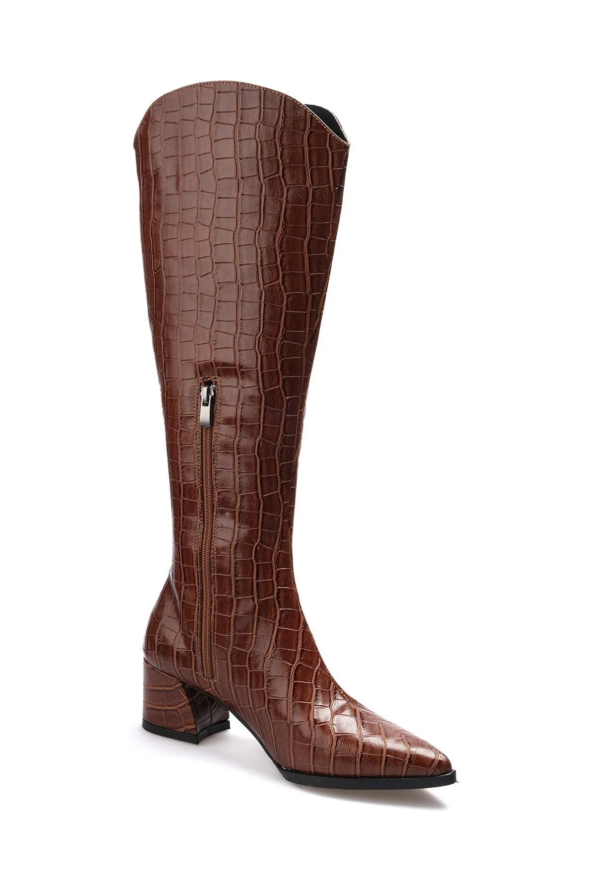 Mio Gusto  Siena Hellbraune Damen-High-Heels mit Krokodilmuster und halbem Reißverschluss an der Seite und dünnem Pelzfutter
