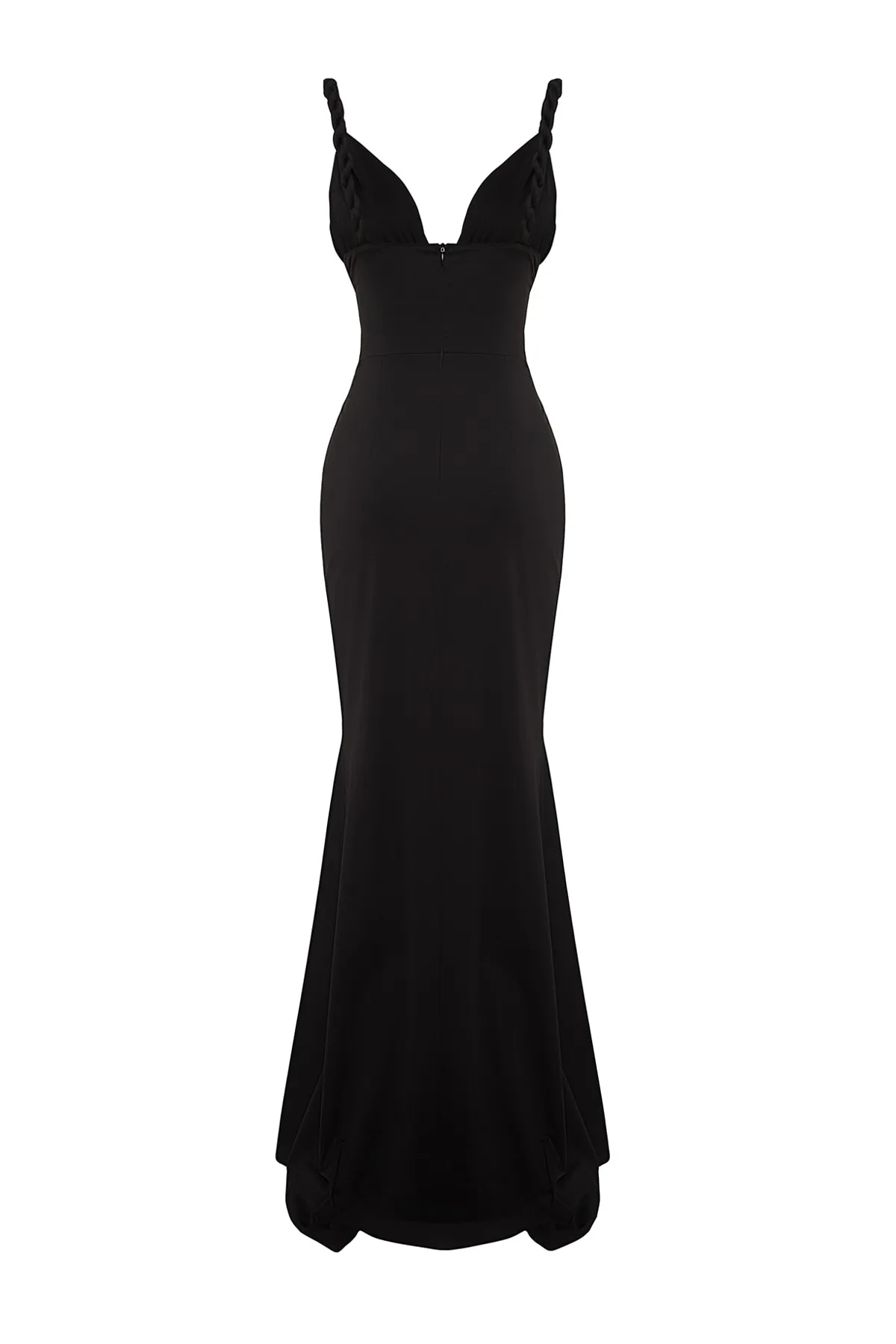 Trendyol Collection  X Zeynep Tosun Schwarzes, figurbetontes Abend- und Abschlusskleid mit tiefem V-Ausschnitt TCLSS23AE00012
