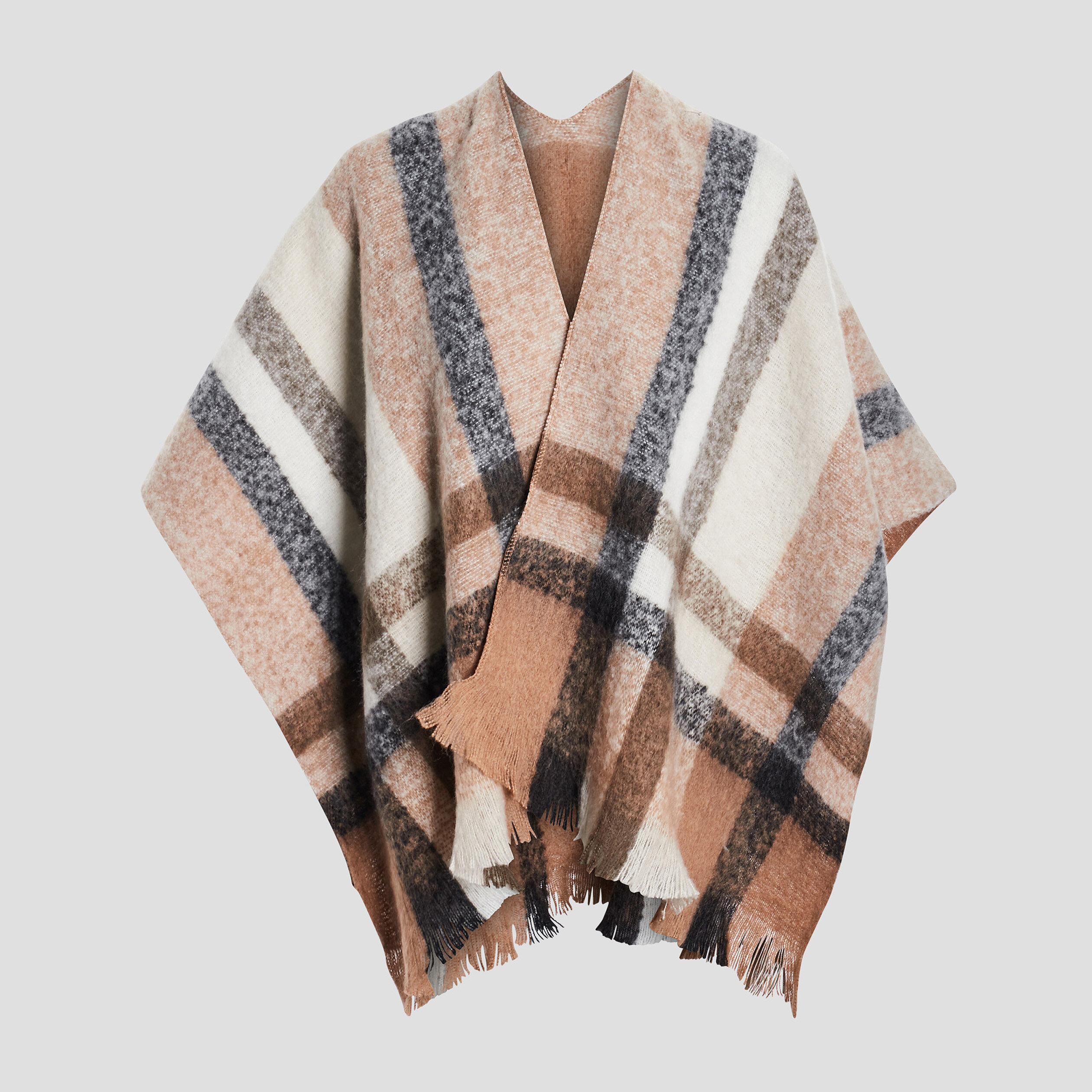 Poncho avec franges marron femme | La Halle