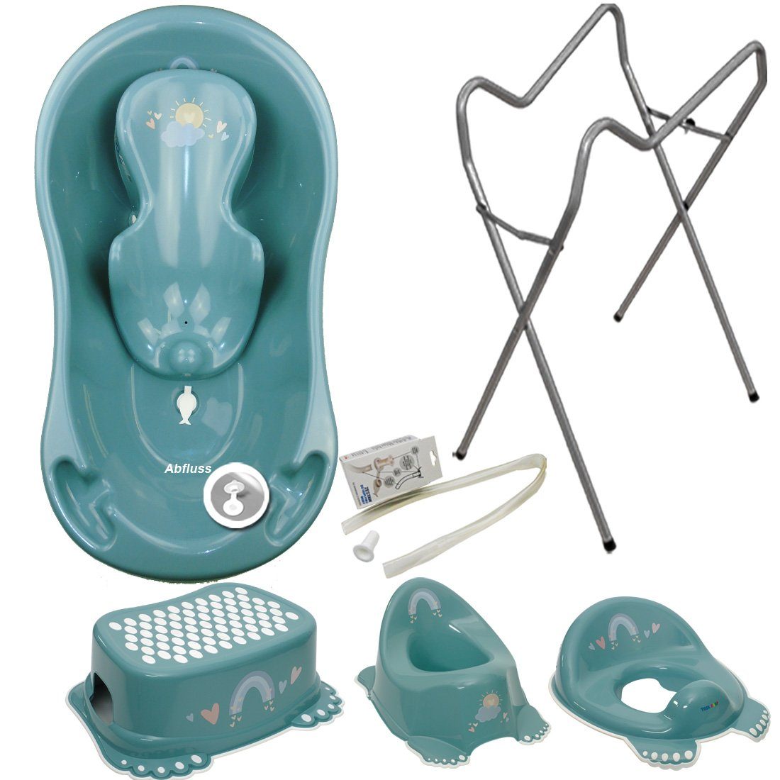 Tega-Baby Babybadewanne 6 Teile SET AB- METEO Türkis + Ständer Grau -Abflussset Babybadeset, (Premium.set Made in Europe), Wanne+ Badesitz+ Töpfchen+ WC Aufsatz+ Hocker+ Ablauf Set+ Ständer