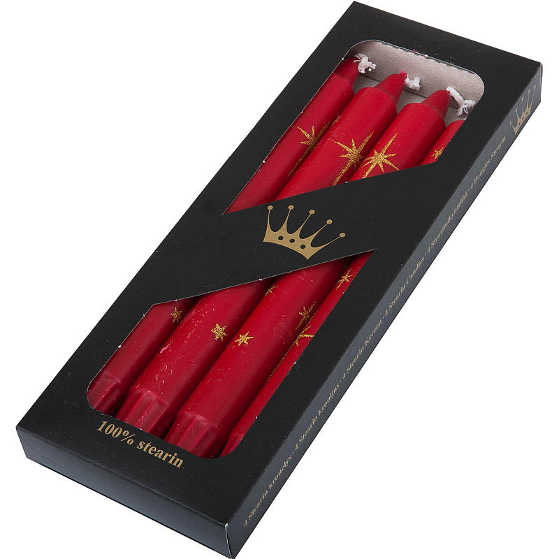 Kronelys 4-pk 24 cm rød stearin m/stjerner