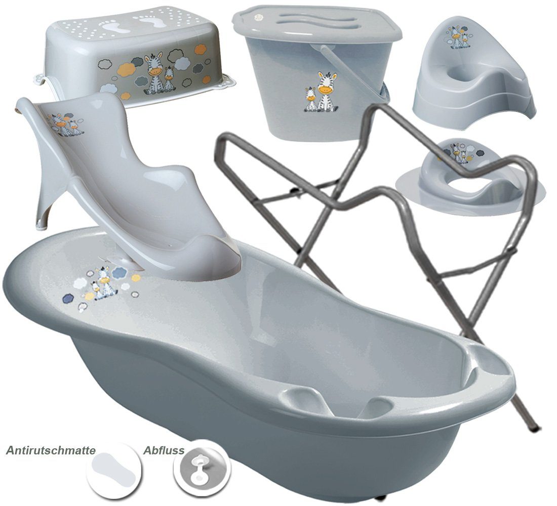 Maltex Babybadewanne 6 Teile SET + Ständer Grau - Zebra Grau - - Badeset Baby Wanne 84 cm, (Premium.set 6 tlg + Ständer), = WANNE + SITZ + TÖPFCHEN + WC AUFSATZ + EIMER + HOCKER + STÄNDER