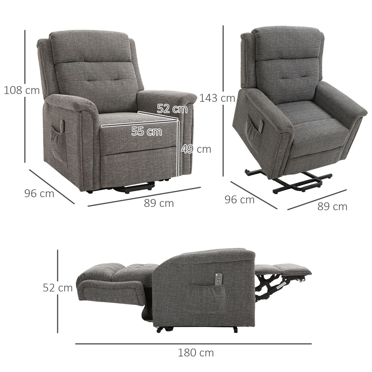 HOMCOM Elektrischer Aufstehsessel mit 2 Motoren Fernsehsessel Relaxsessel mit Liegefunktion Sessel mit Aufstehhilfe Seniorensessel mit Fernsteuerung mit Leinen-Optik Grau 89 x 96 x 108 cm
