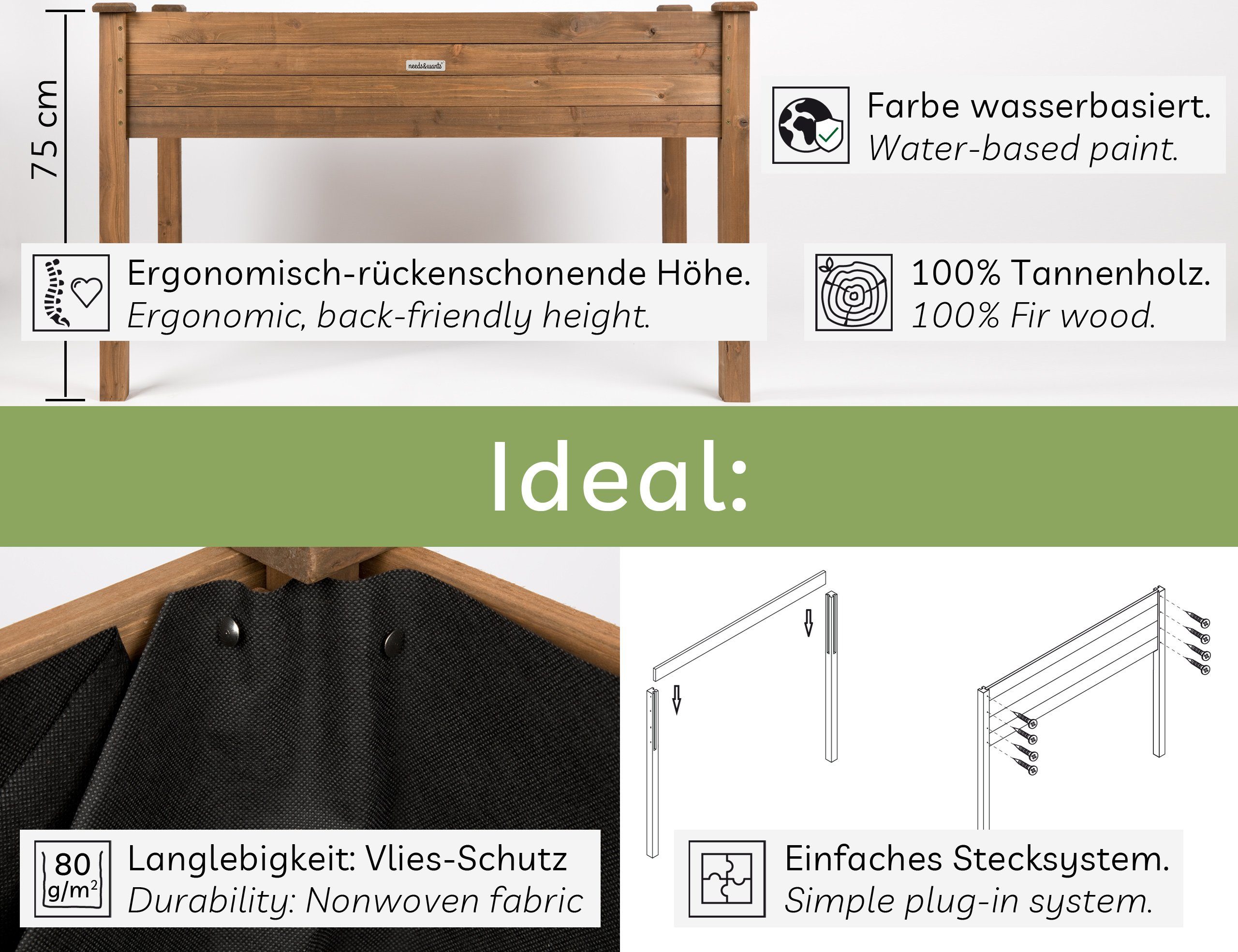 needs&wants® Hochbeet aus Holz für Garten Balkon Terrasse groß, Pflanzkasten Bausatz XL rechteckig schmal mit Vlies-Folie, Kräuterbeet Pflanzenkasten deko, 125 x 64 x 75 cm, dunkel-braun