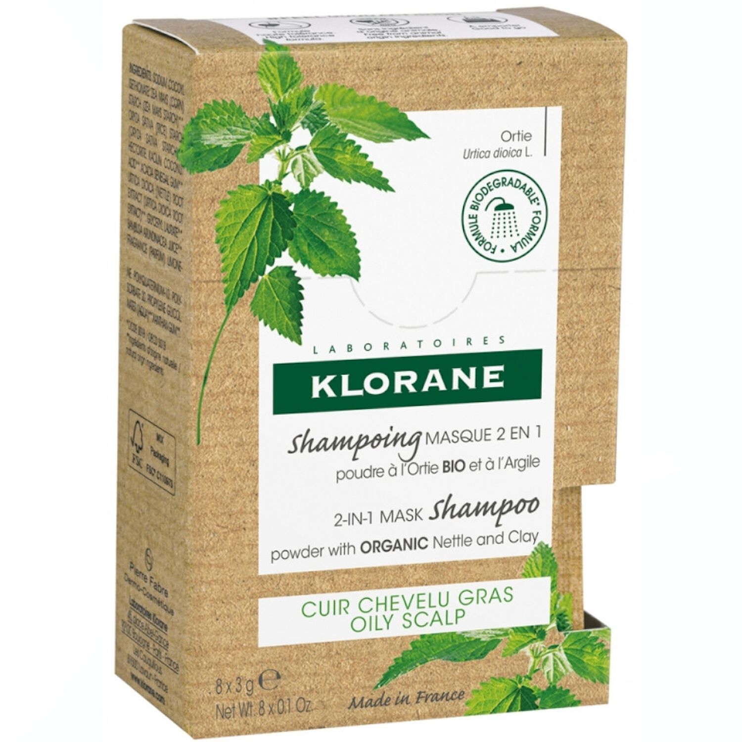 Klorane Shampoing 2 en 1 Poudre à l'Ortie et Argile - Cheveux gras - 8 Sachets