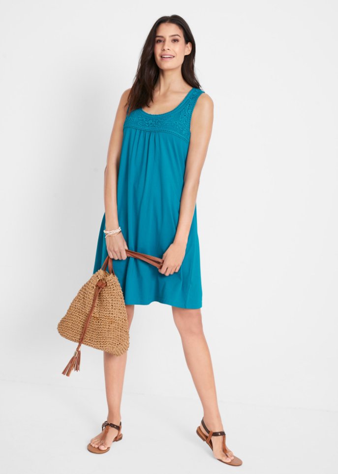 Kurzes Baumwoll-Shirtkleid mit Spitze, ärmellos