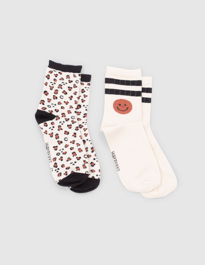 Chaussettes écrues rayures et léopard fille