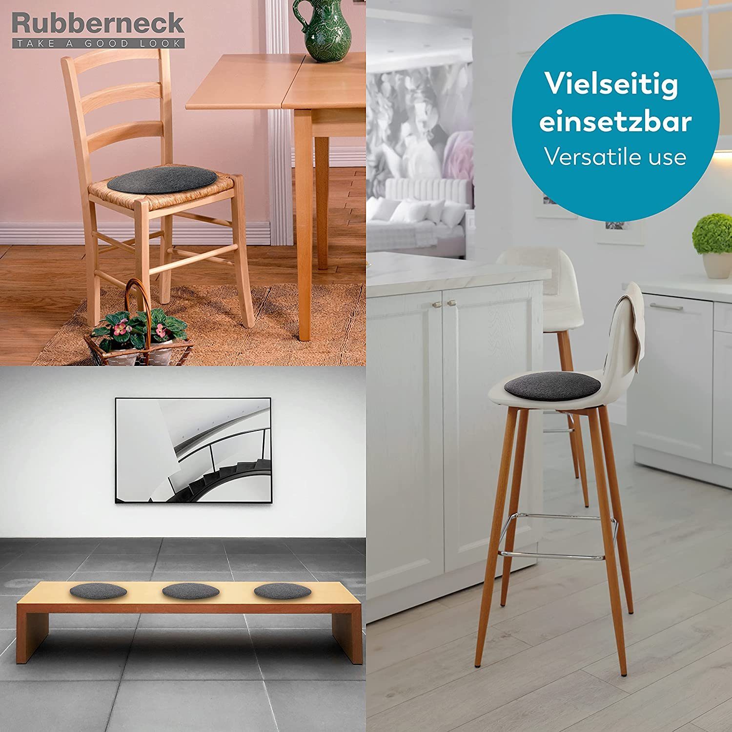 RUBBERNECK Auflagekissen Rutschfeste Filz Sitzkissen rund, Stuhlkissen mit Antirutsch-Noppen, (4 St), auf 30° waschbar