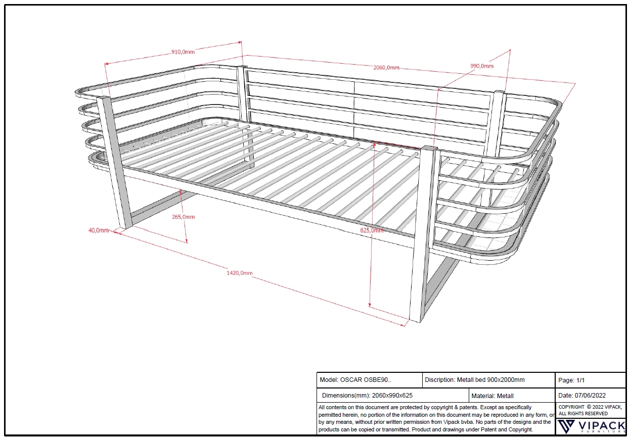 VIPACK Einzelbett Metall Oscar, 90 x 200 cm, Weiß
