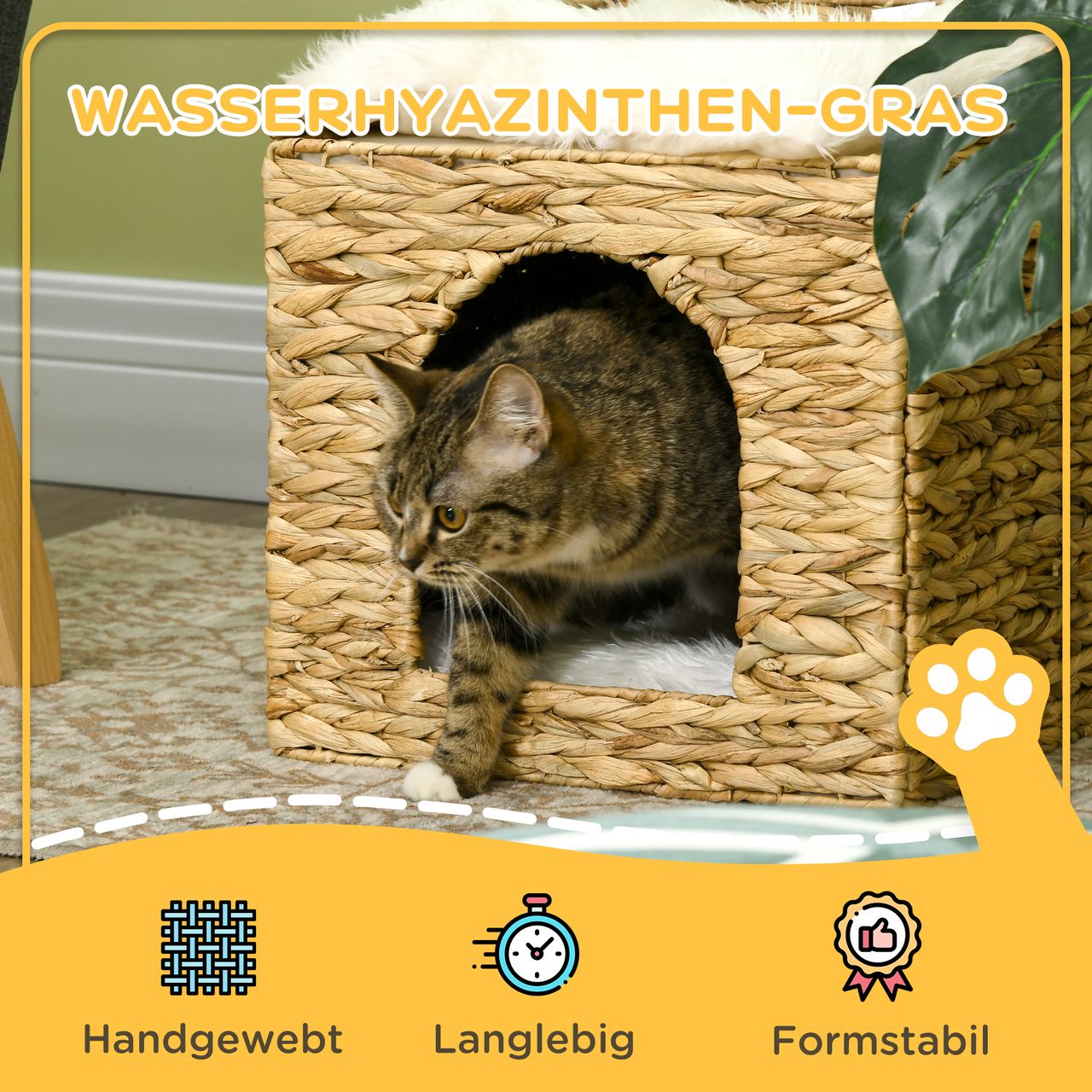 PawHut Rattan Katzenhaus, Katzenhöhle mit Kissen, Katzenhütte mit 2 Ebenen