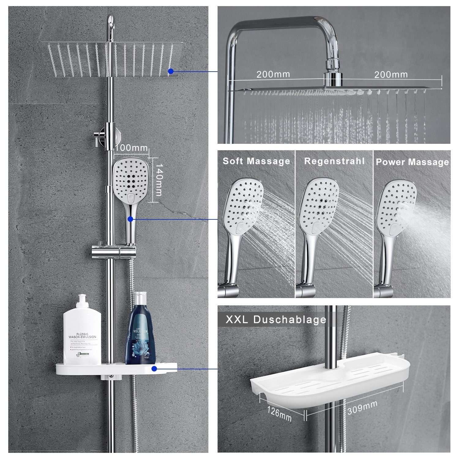 JOHO Duschsystem Duschset schwarz Duschsystem Überkopfbrause Set Regendusche, Höhe 114 cm, 3 Strahlart(en), Kopfbrause 20*20cm, universell einsetzbar für vorhandene Löcher