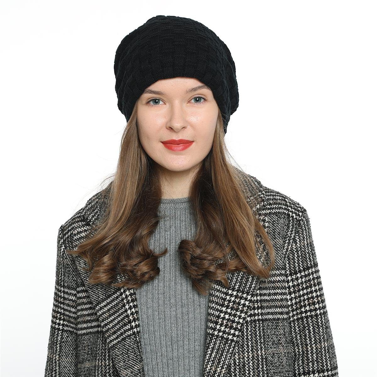 DonDon Beanie Damen Beanie Winter Slouch Style mit Innenfutter (Packung, 1-St) Wintermütze, Beanie mit Flechtmuster und Teddyfleece