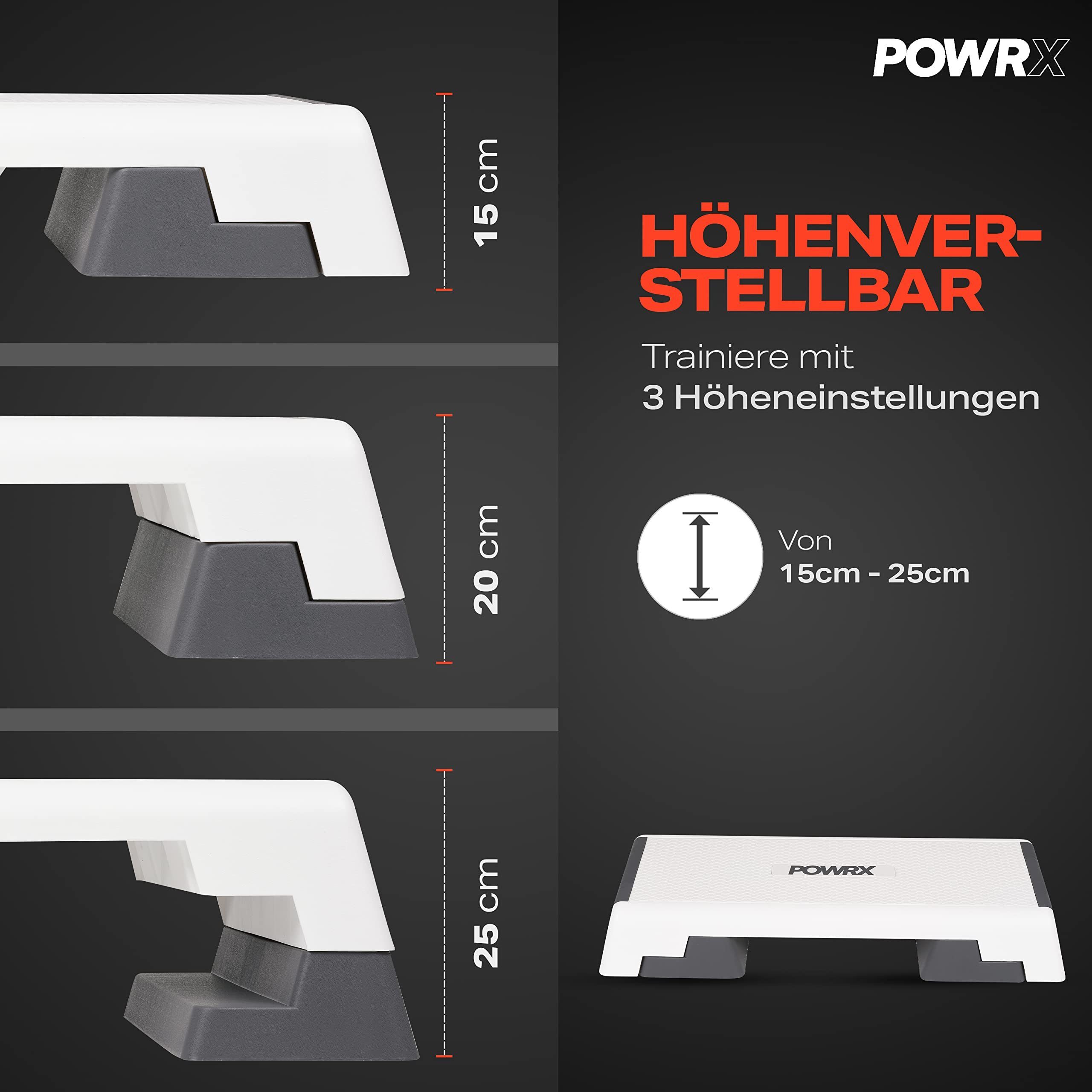 POWRX Stepper Aerobic Steppbrett höhenverstellbar bis 25 cm, Wei