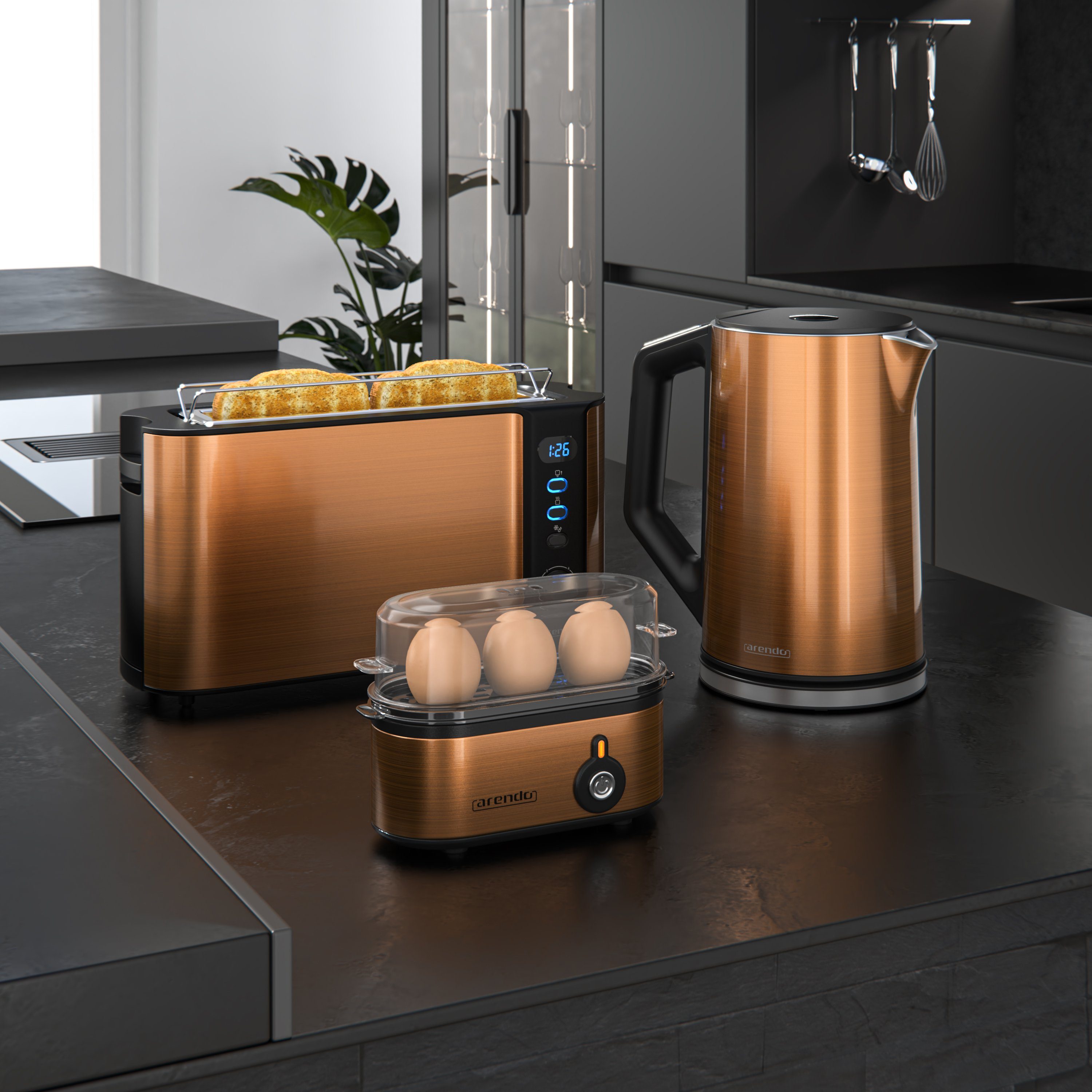Arendo Frühstücks-Set (3-tlg), Wasserkocher 1,5l, 2-Scheiben Toaster, 3er Eierkocher, Kupfer