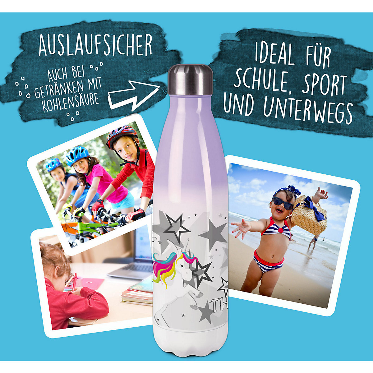 Edelstahl Kinder Thermoflasche / Trinkflasche bunt Pegasus Sterne Farbe grau Spülmaschinenfest, Auslaufsicher, Bruchfest, Doppelwandig, Für Heißgetränke geeignet, Mit Deckel, Isoliert