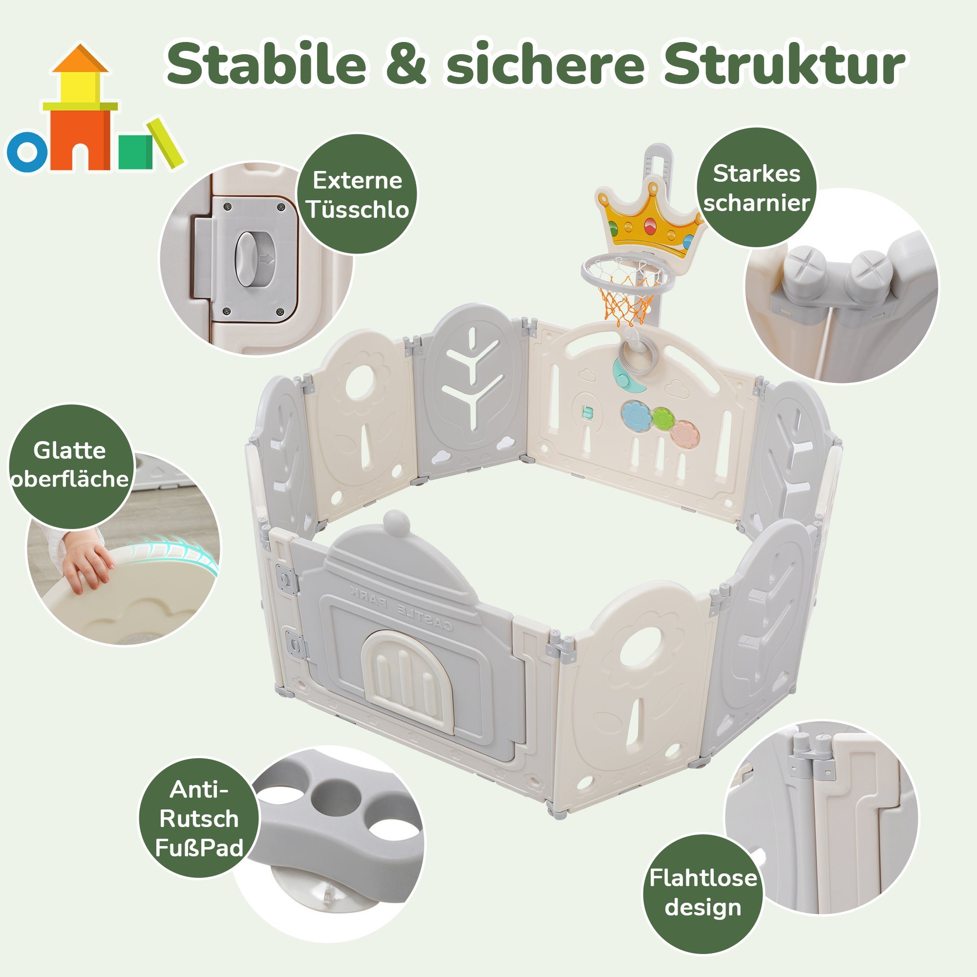 BlingBin Laufgitter 12+2Baby-Laufstall abnehmbar, faltbar (14-tlg), mit Tür, Spielbrett, Basketballkorb und Kinderschaukel, 200*160*90cm
