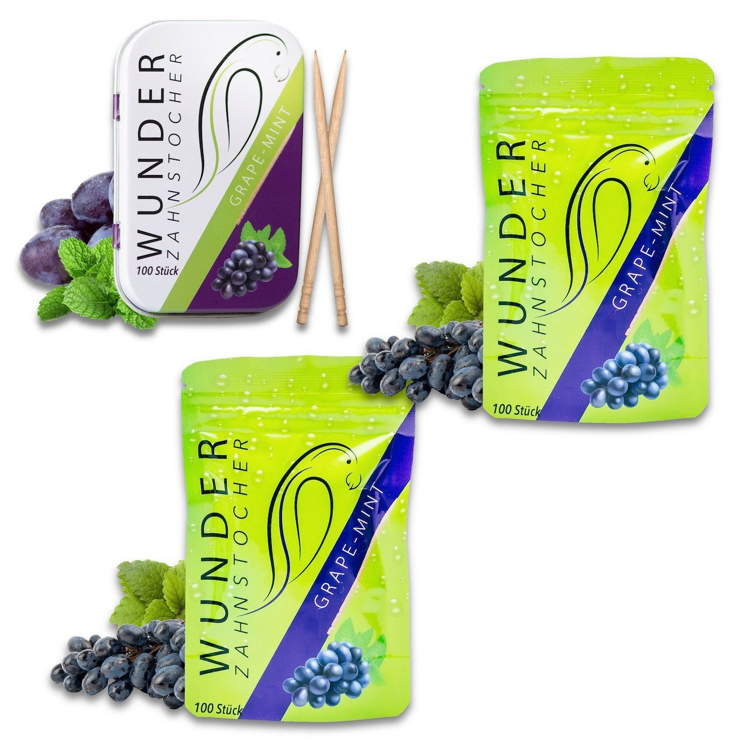 Wunder Zahnstocher Mundpflegecenter Wunder Zahnstocher mit Geschmack - 3er Bundle Traube Minze