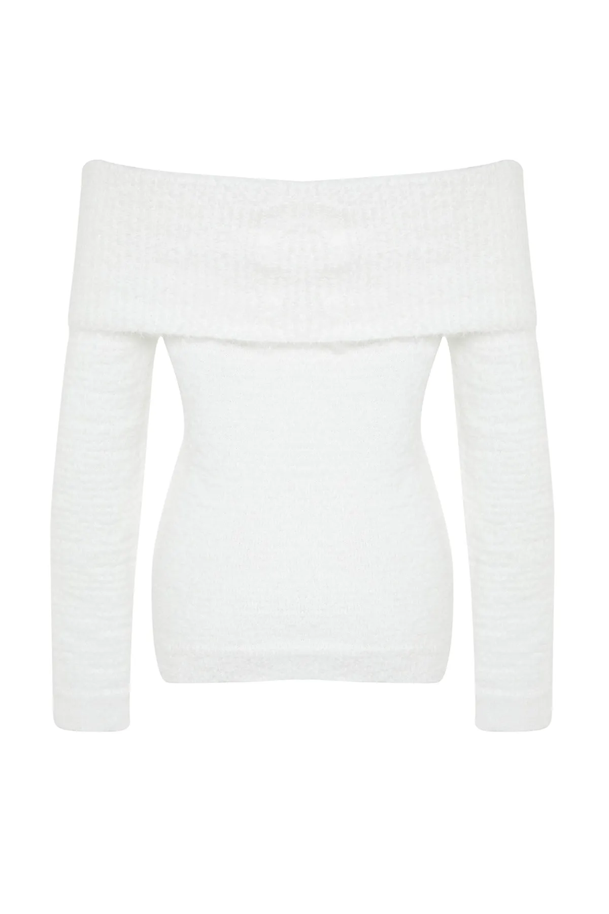 Trendyol Collection  Ecrufarbener Strickpullover mit Degaje-Kragen, Feder-/Bartfaden-Muster TWOAW24KZ00121