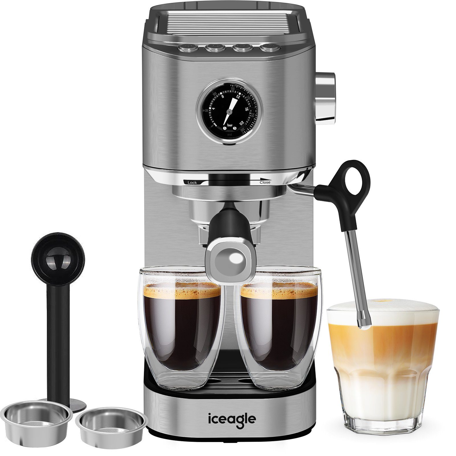 iceagle Espressomaschine Espressomaschine,Kaffeemaschine mit Milchschaumdüse, Filter aus rostfreiem Stahl, für Espresso&Cappuccino, Siebträgermaschine einstellbar Temperatur
