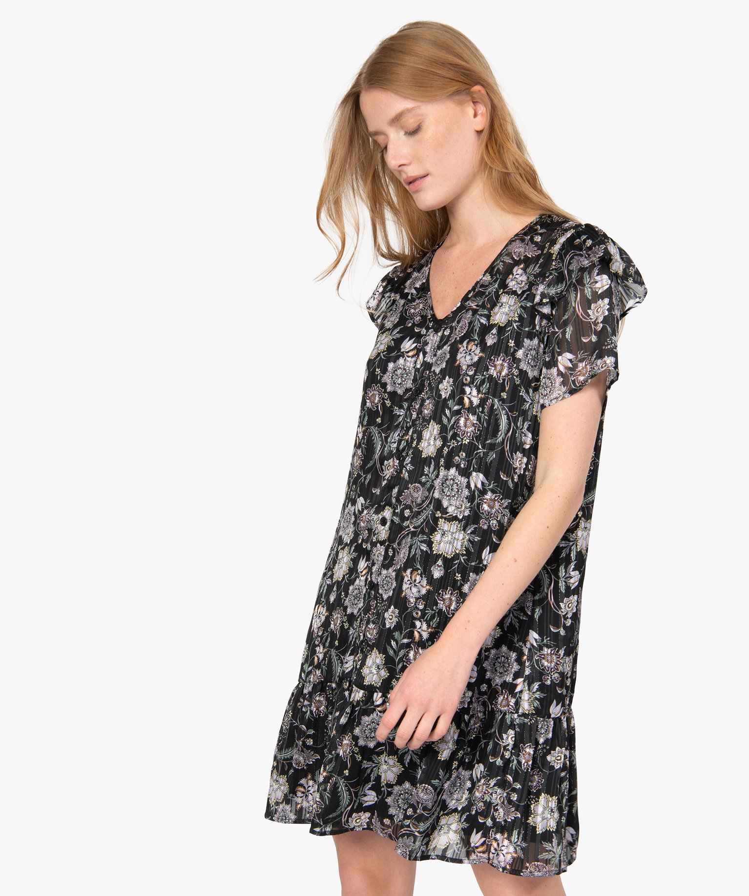 Robe femme à motifs fleuris et volants sur les épaules | GEMO