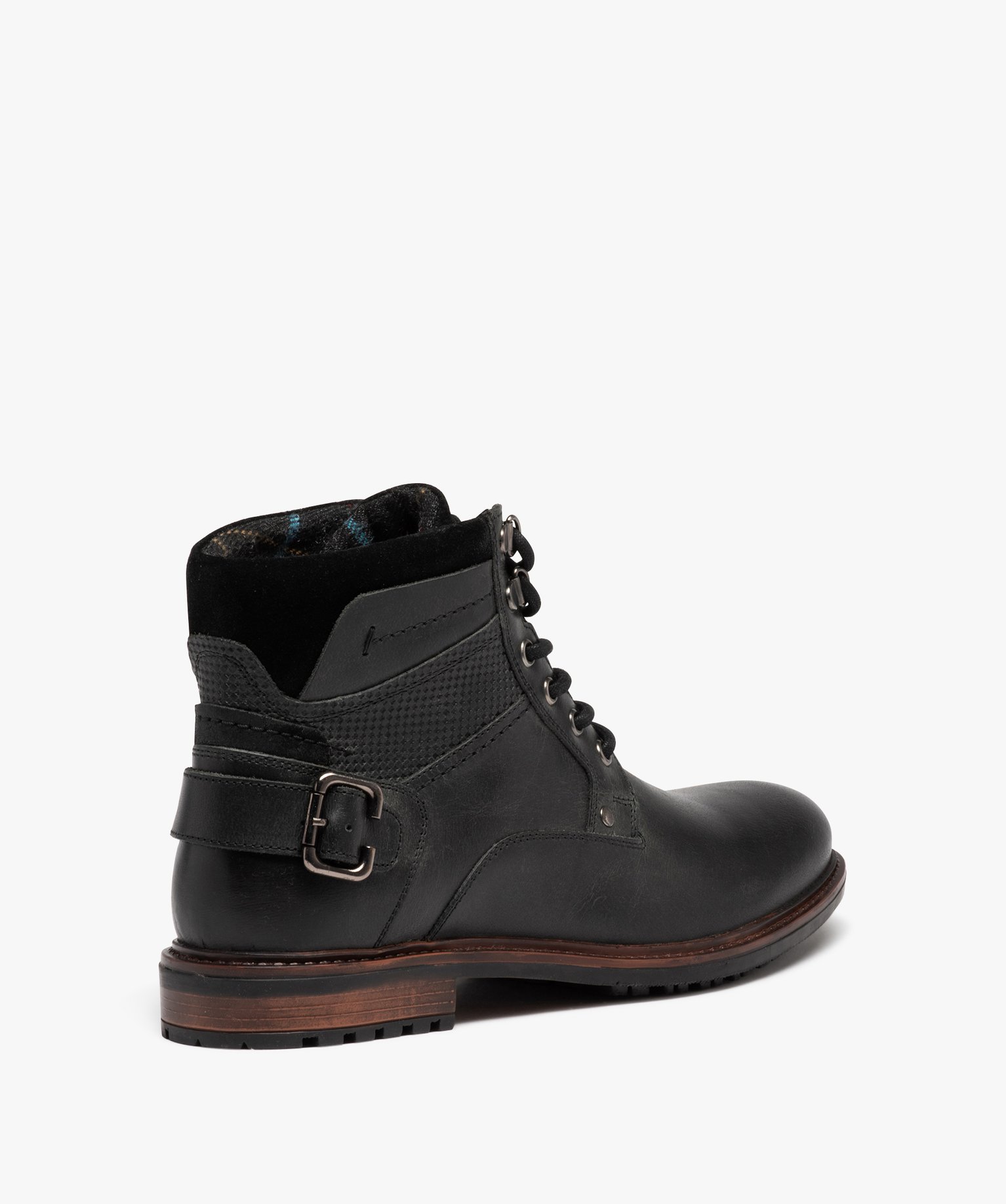 Boots homme dessus en cuir uni à lacets et bride à boucle ... noir | GEMO