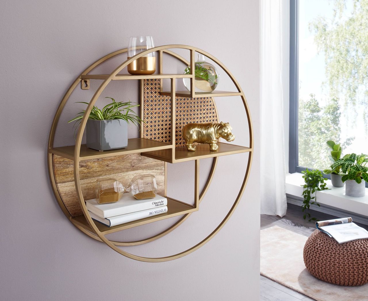 Wohnling Wandregal 62x62x17 cm Rattan Massivholz Metall