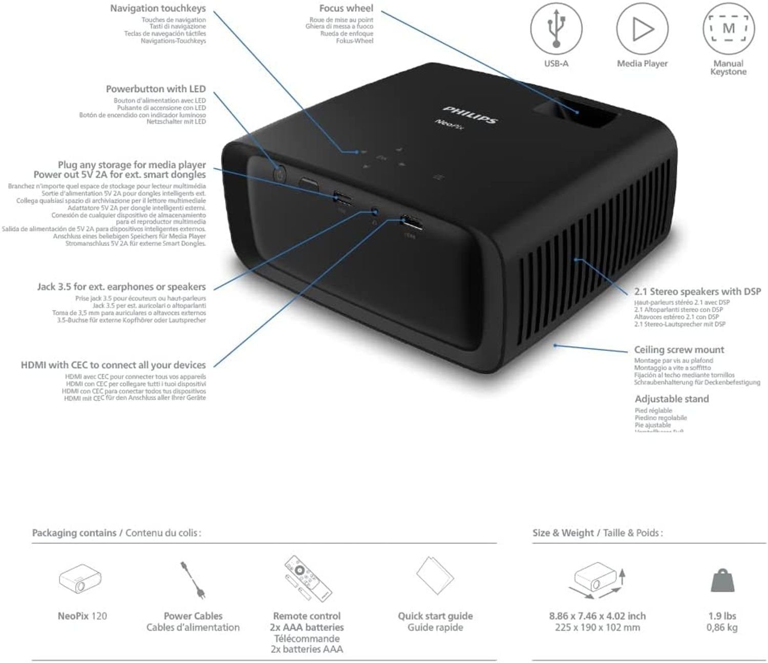 Philips NeoPix 120 LED Projektor Stereosound Multimediaplayer Beamer Beamer (100 lm, 3000 : 1, 1280 X 720 px, HD 720p Auflösung auf Projektionen bis 165cm (65) Diagonale)
