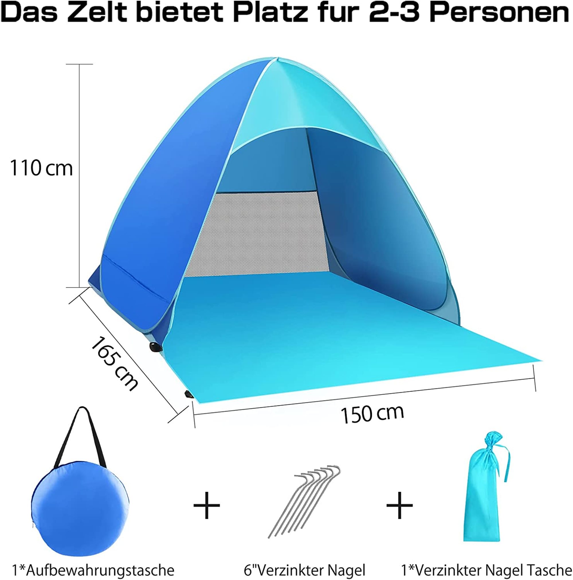flowgoer Strandmuschel Automatisches Freizelt, Personen: 3 (set, SPF 50), 165 x 150 x 110 cm, UV-Schutz