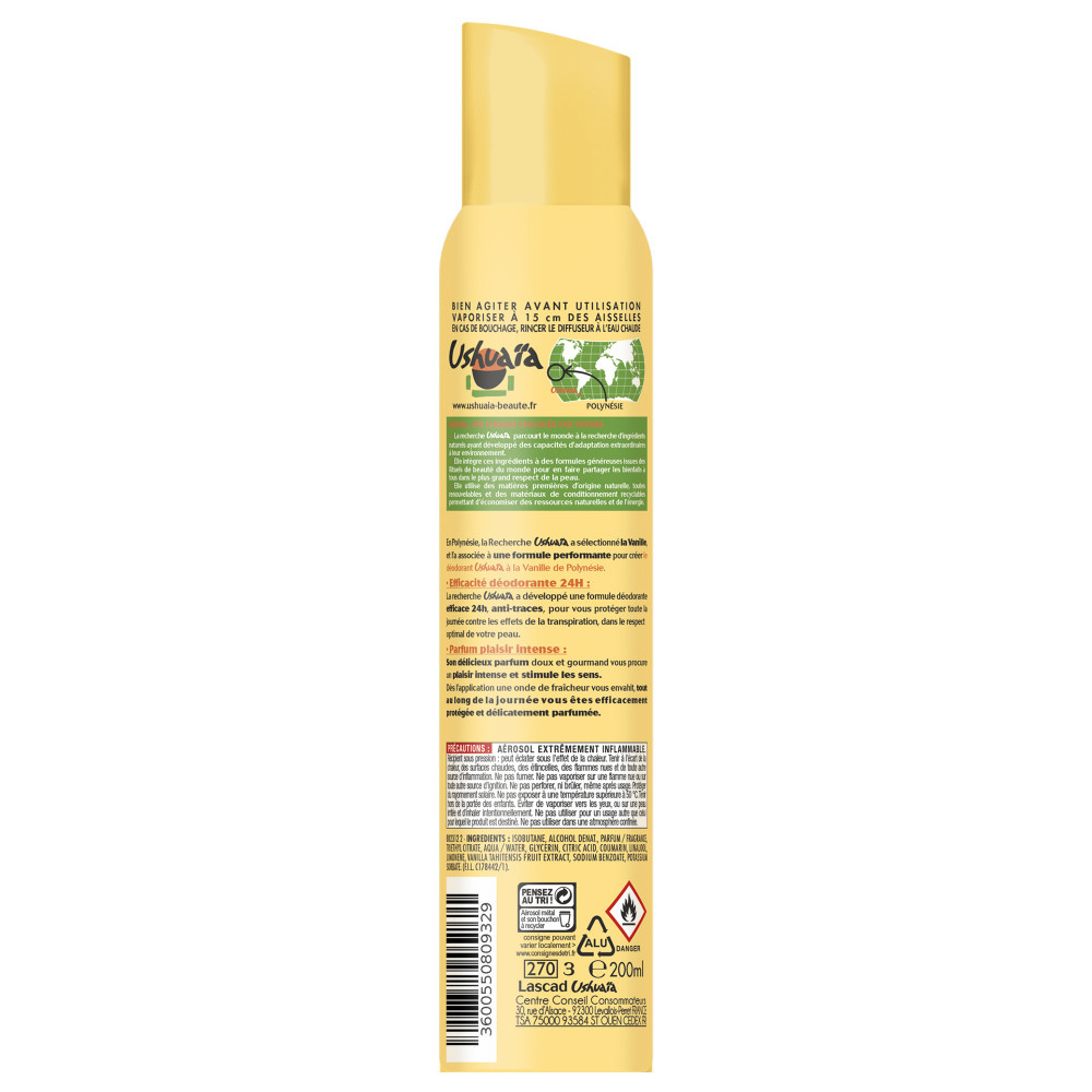 ushuaïa Déodorant Classique Déodorant Spray Vanille de Polynésie 24h