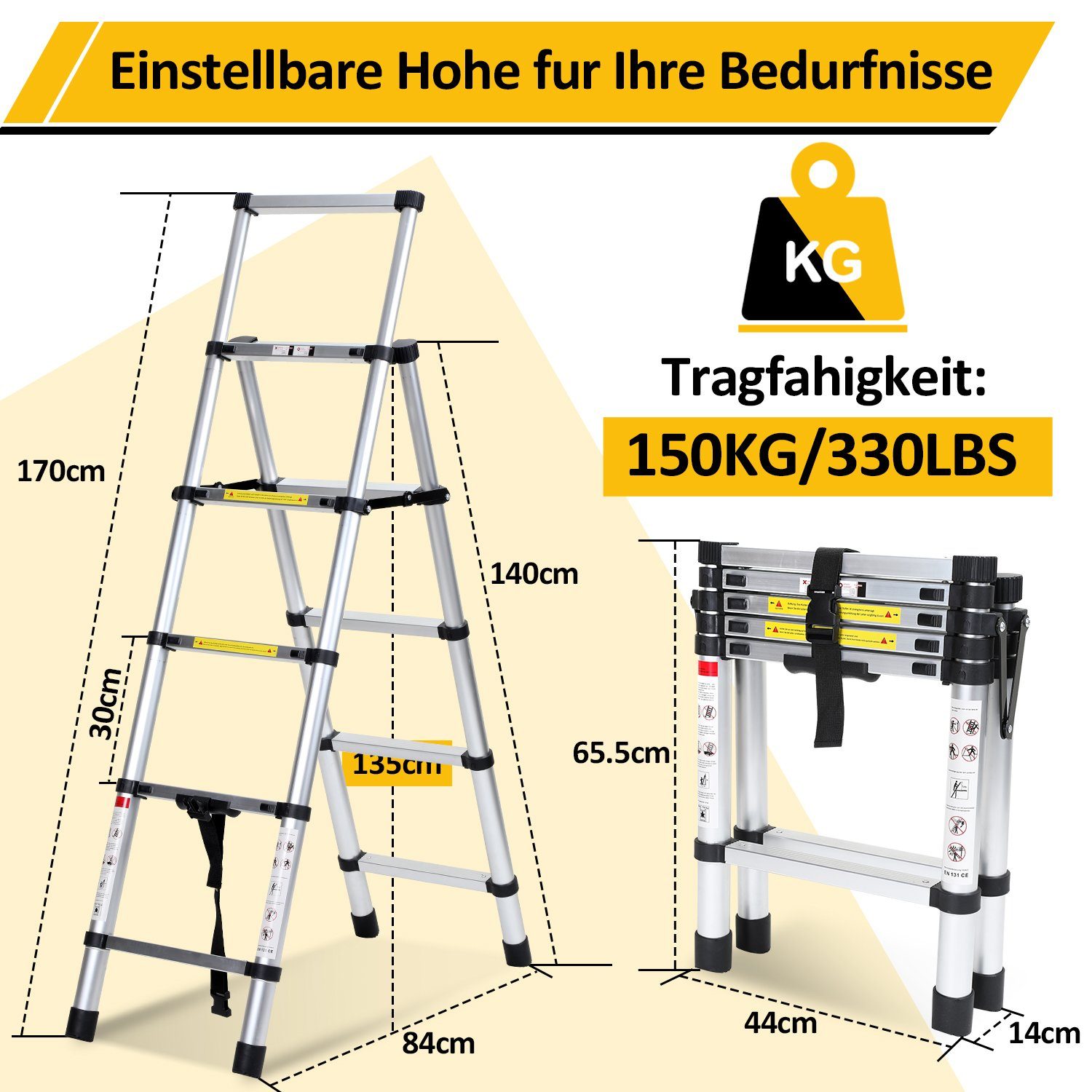 Gimisgu Teleskopleiter Teleskopleiter Teleskopleiter Alu 2.6m-5m Anlegeleiter mit haken