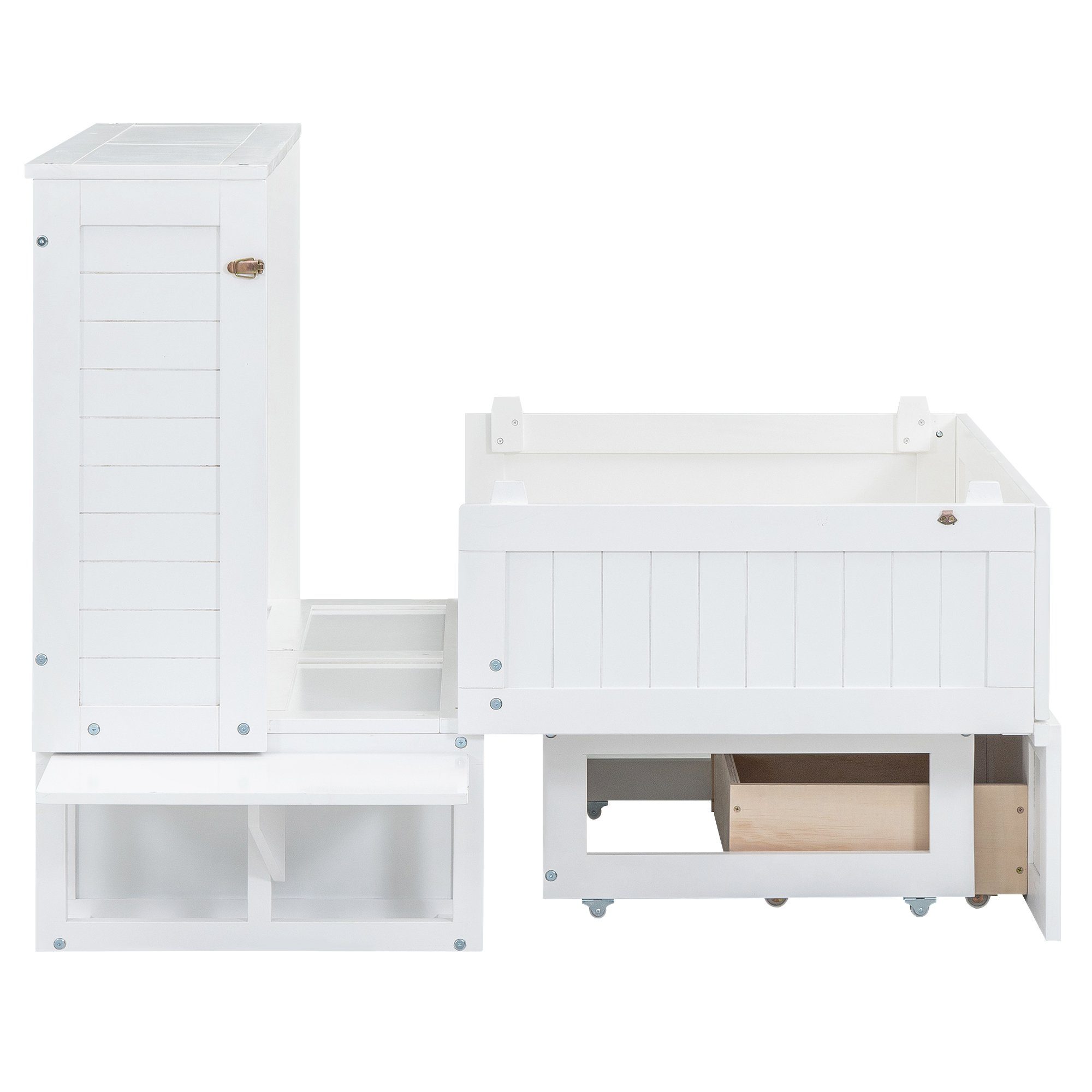 Flieks Massivholzbett, Verwandelbares Holzbett Schrankbett mit Schublade und Regale 90x200cm