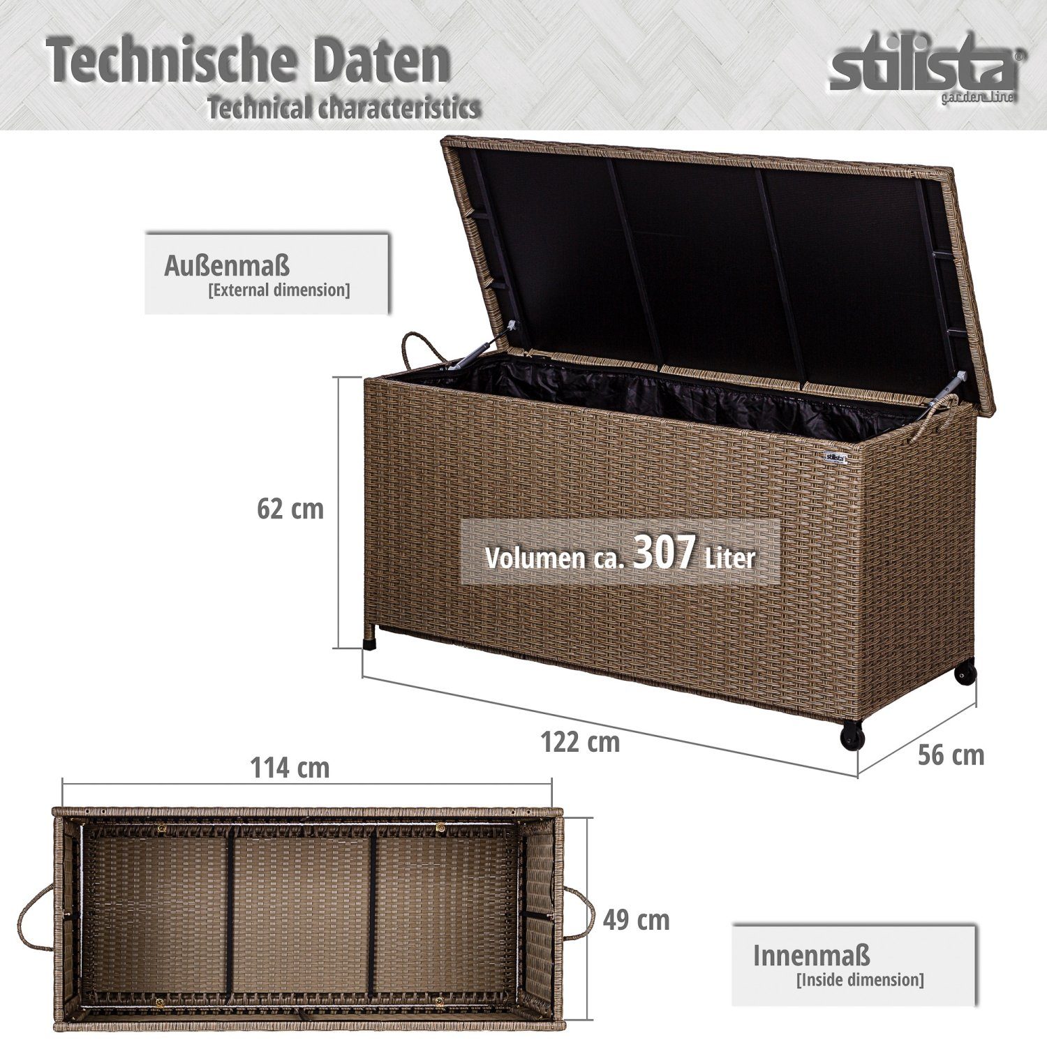 STILISTA Gartenbox Polyrattan Gartenbox Gartentruhe Aufbewahrungsbox, Deckel mit Hubautomatik, Innenplane, Räder und Tragegriffe, Farbwahl