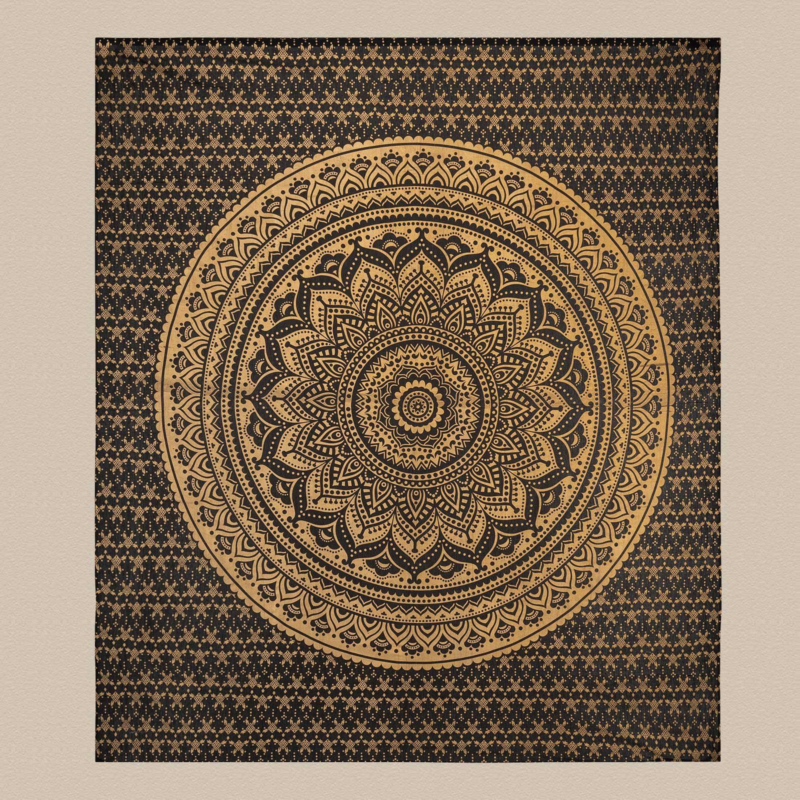 Wandteppich Tagesdecke Wandbehang Dekotuch Lotus Mandala Schwarz-Gold ca.200x230cm, KUNST UND MAGIE