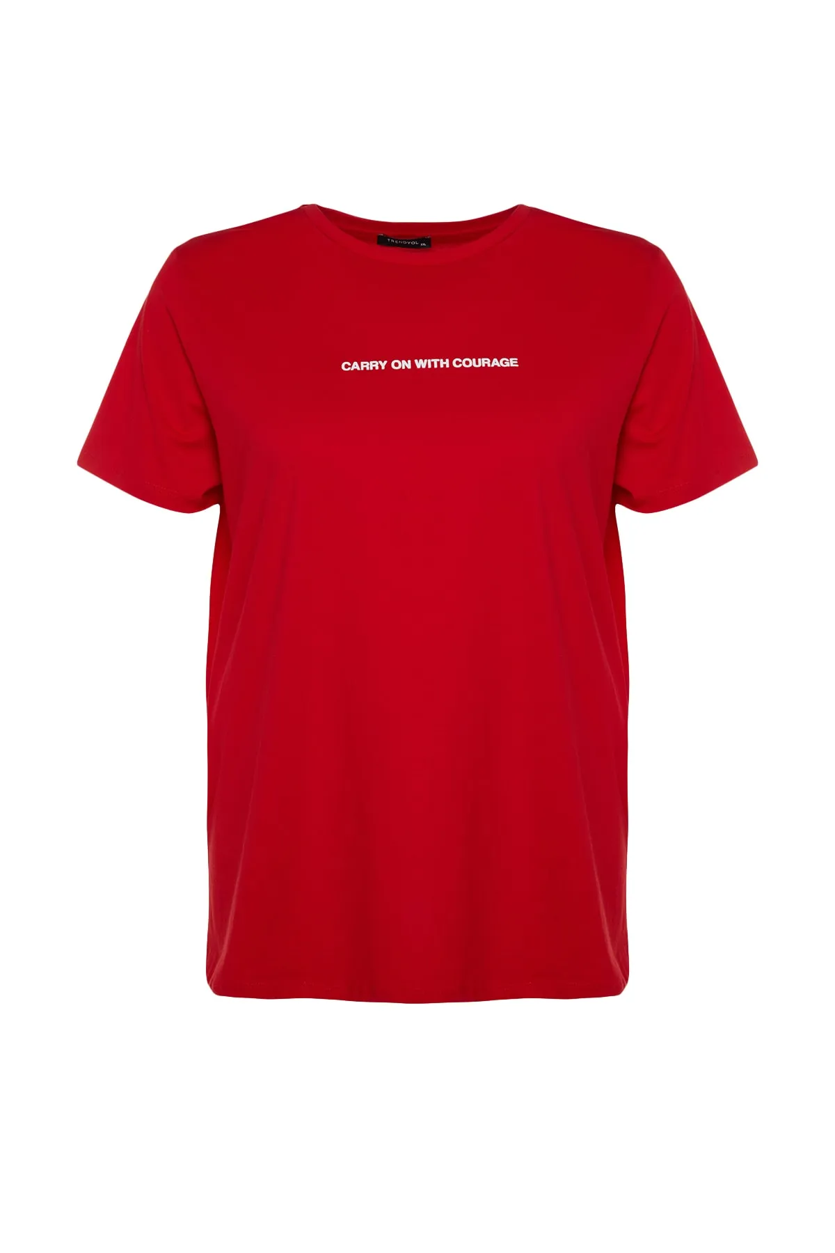 Trendyol Curve  Rotes bedrucktes Strick-T-Shirt mit Rundhalsausschnitt TBBSS23BF00022