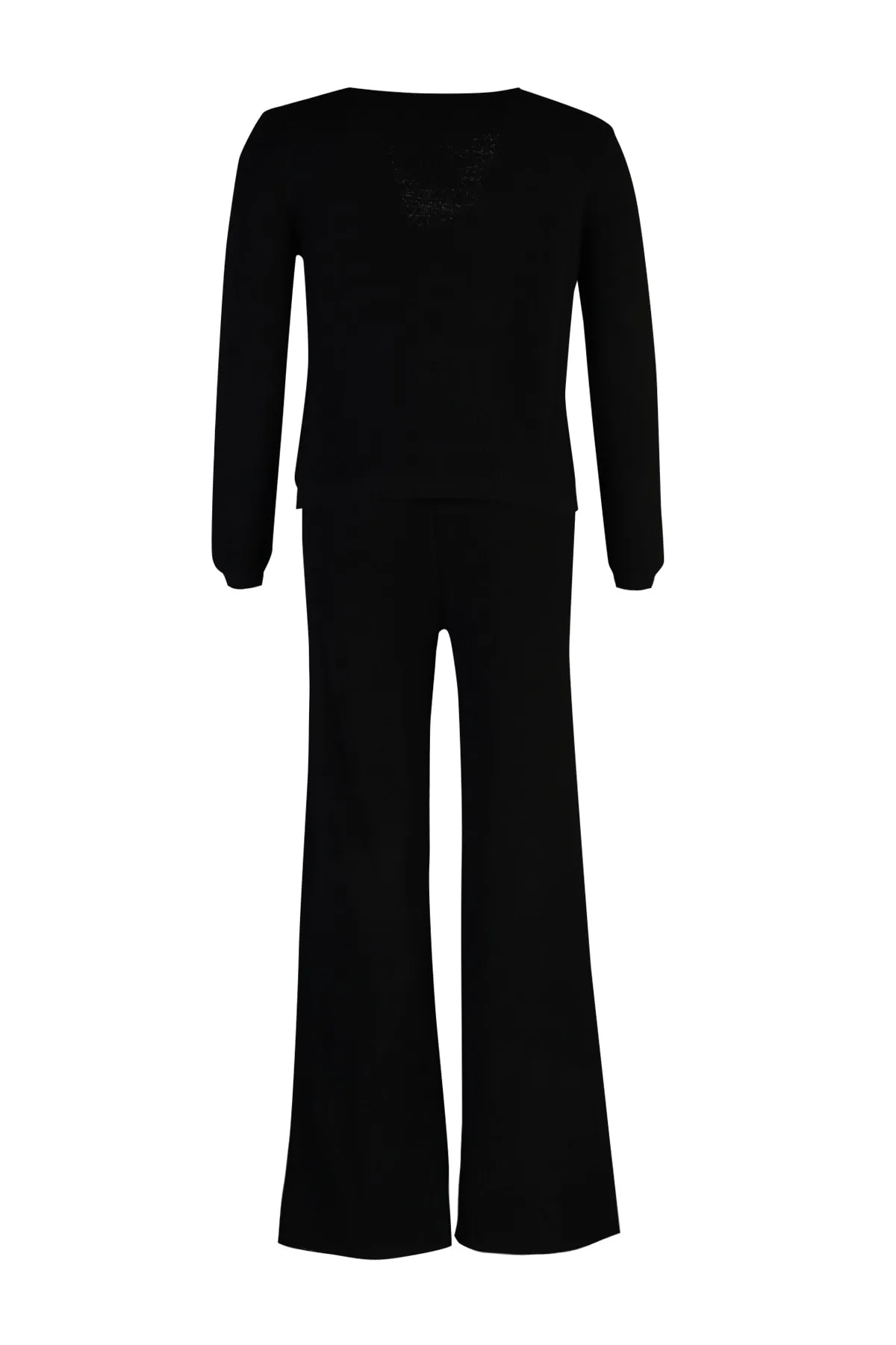 Trendyol Curve  Schwarzes Strickblusen- und Hosenset mit V-Ausschnitt, Krawattendetails TBBAW23CP00037