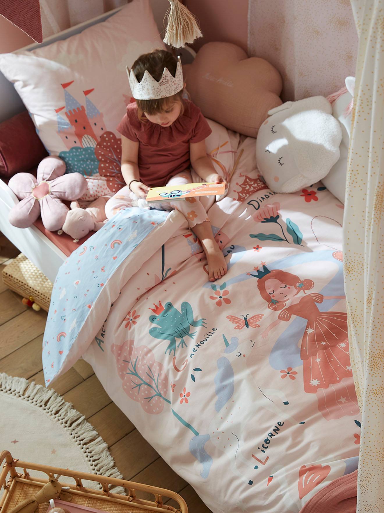 Parure housse de couette + taie d'oreiller enfant ABC PRINCESSE mauve