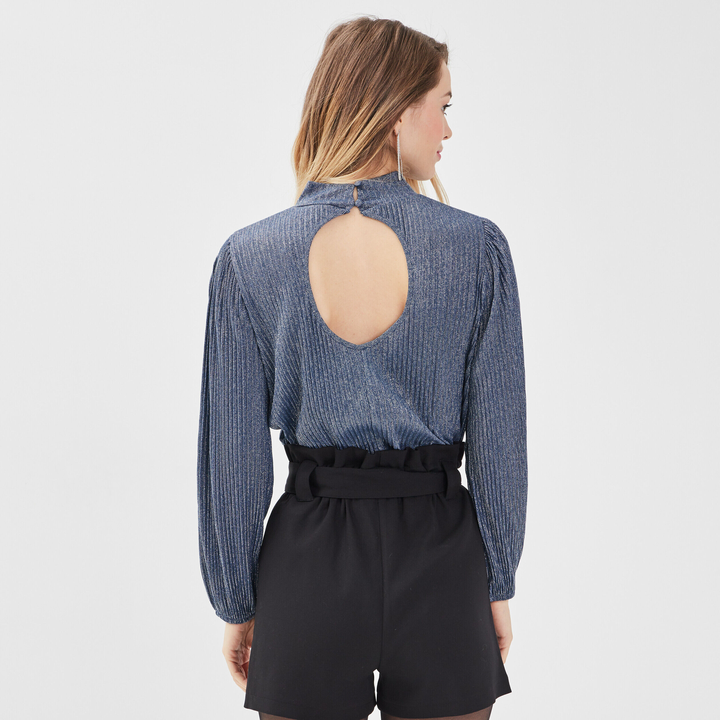 T-shirt manches longues plissé gris clair femme | Cache Cache