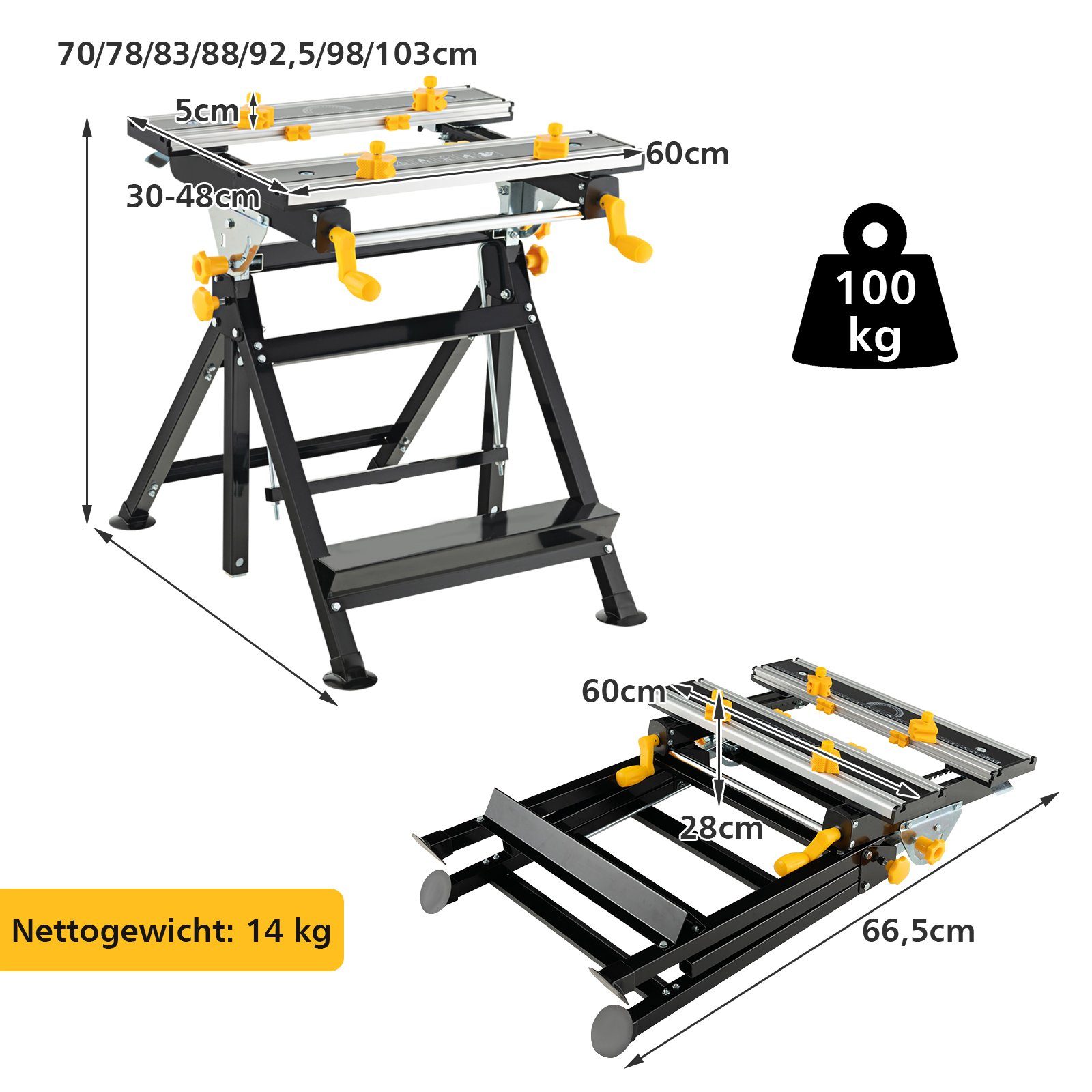 COSTWAY Werkbank Werktisch, 4-Fach neigbar, klappbar, 100 kg belastbar