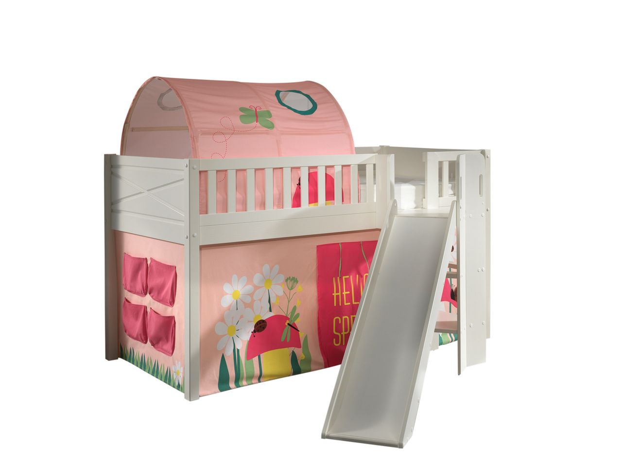 VIPACK Spielbett SCOTT, LF 90 x 200 cm, mit Rolllattenrost, Rutsche, Leiter und Textilset Vorhang und Tunnel 