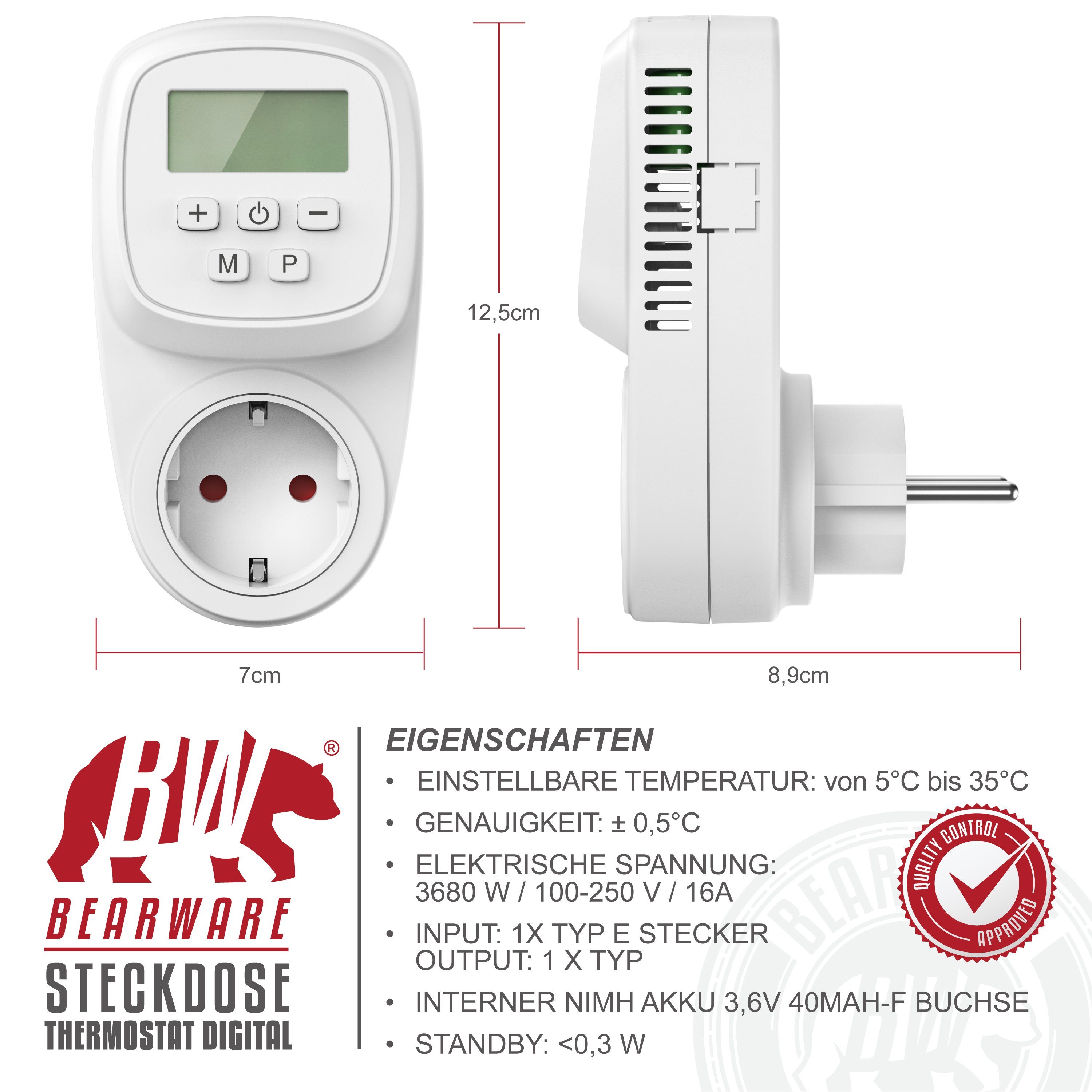 BEARWARE Steckdosen-Thermostat, max. 3680 W, 1-St., digital programmierbar, Temperaturregelung 5° – 35°C