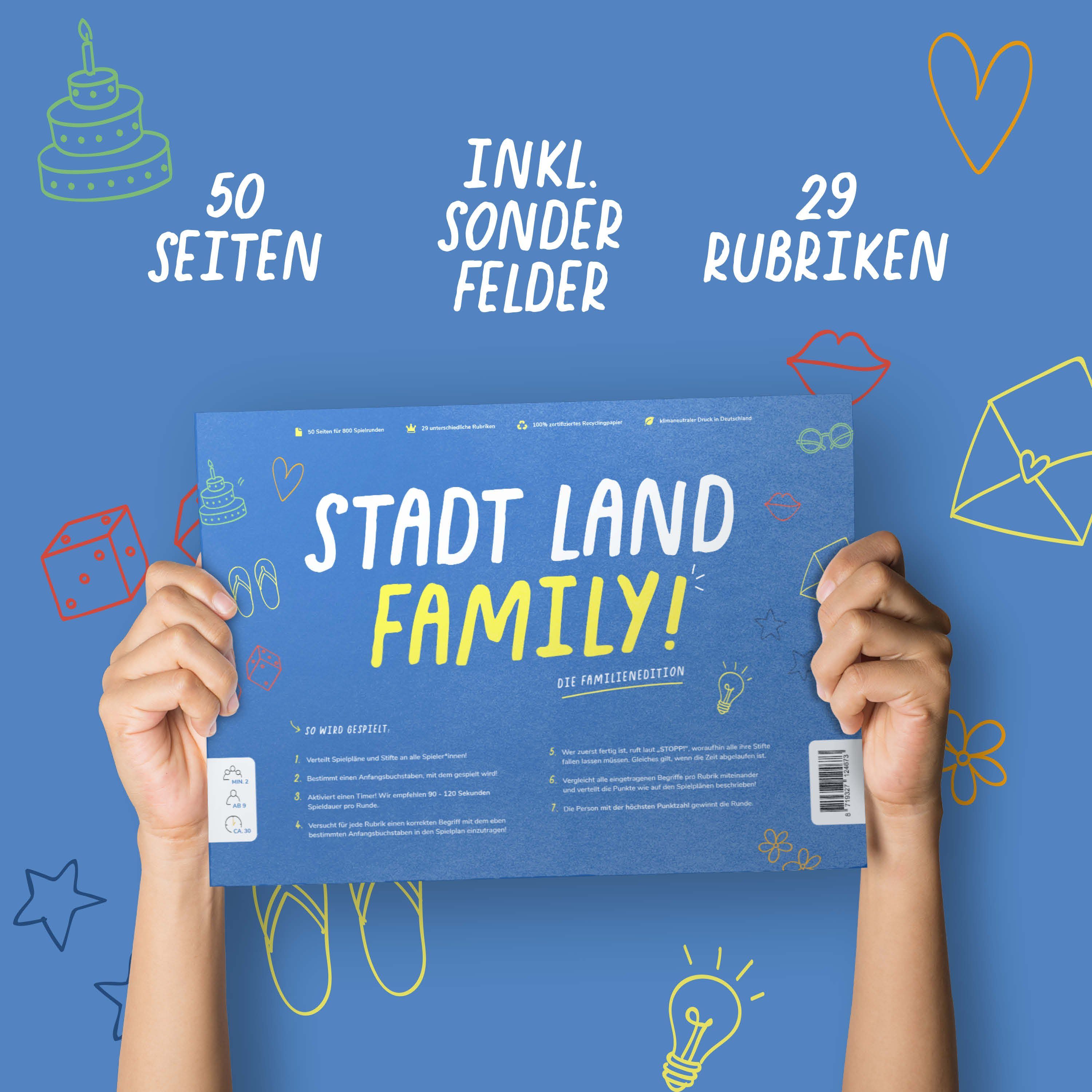 Pihu Spiel, Familienspiel STADT LAND FAMILY, Denkspiel für Familien, Klimaneutral gedruckt, 100% Recyclingpapier