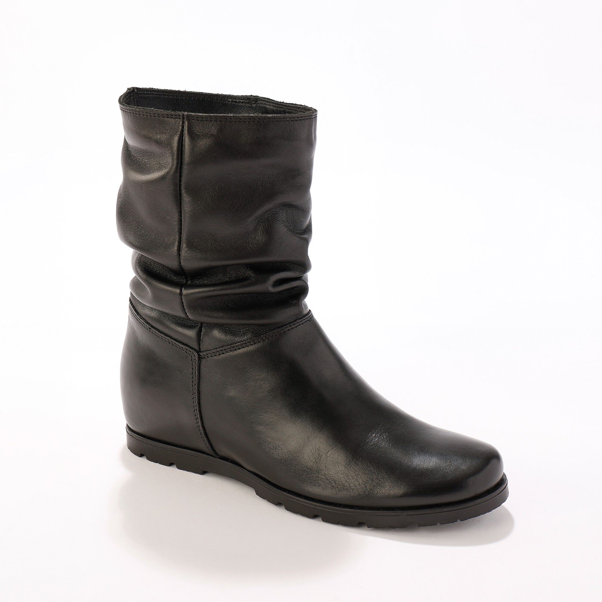 Bottes plissées mi-hautes en cuir avec semelle compensée invisible